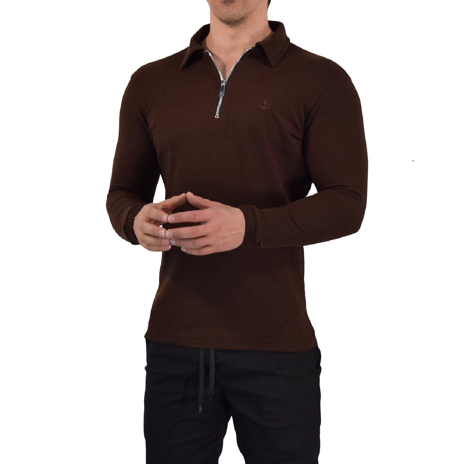 Zipped Polo Manga Larga Full Brown