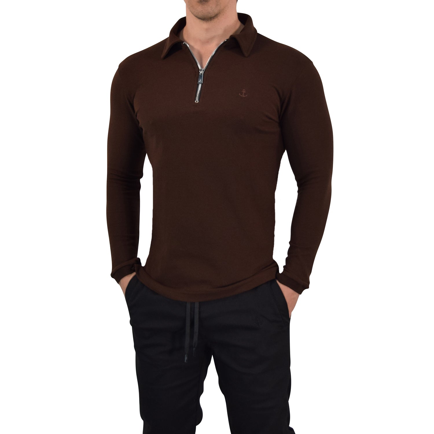 Zipped Polo Manga Larga Full Brown