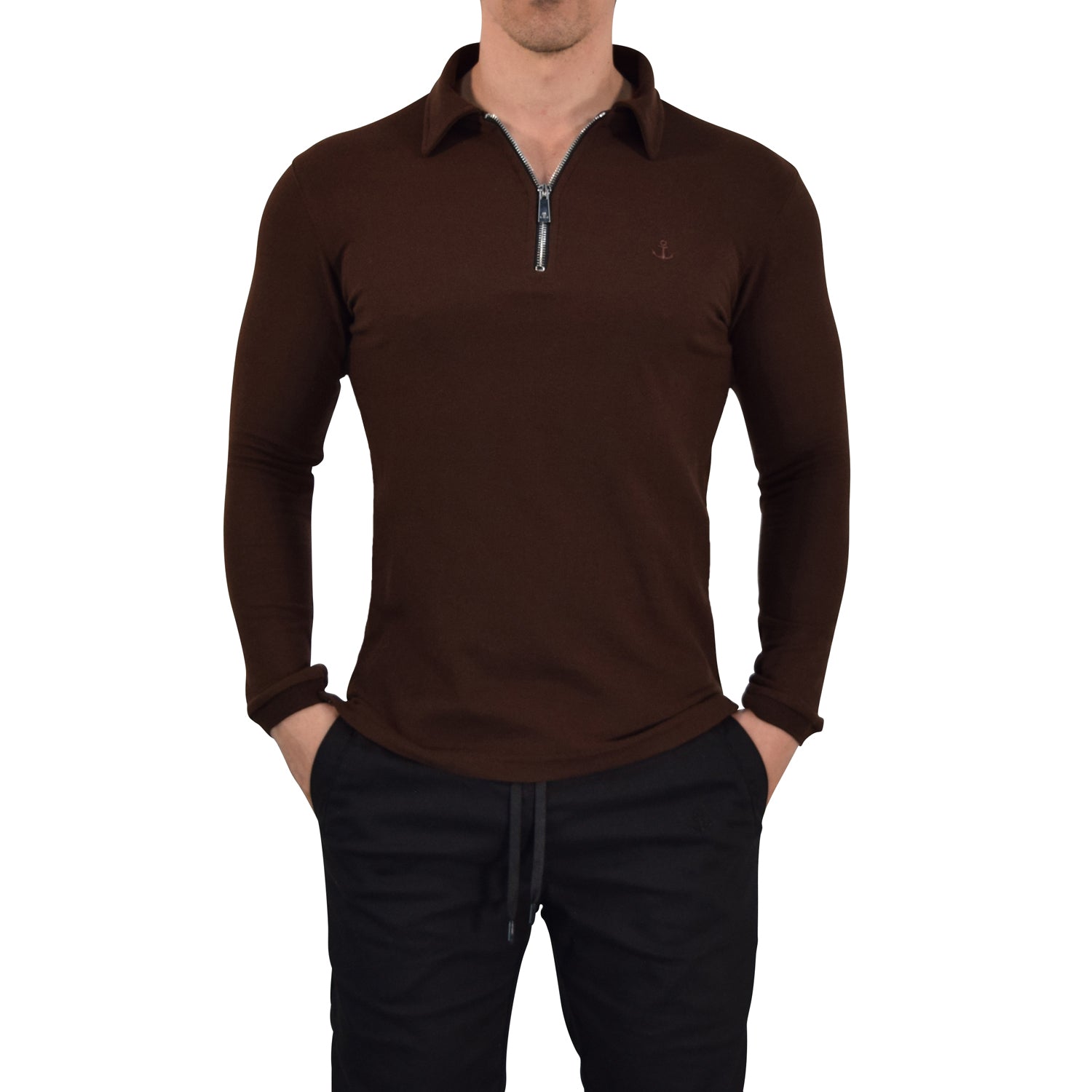 Zipped Polo Manga Larga Full Brown