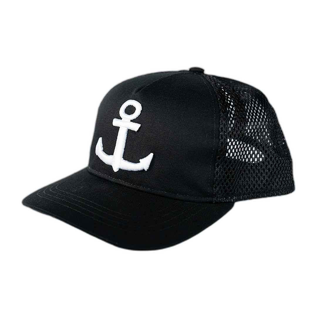 Anchor Embroidery Emblem Trucker Cap Black