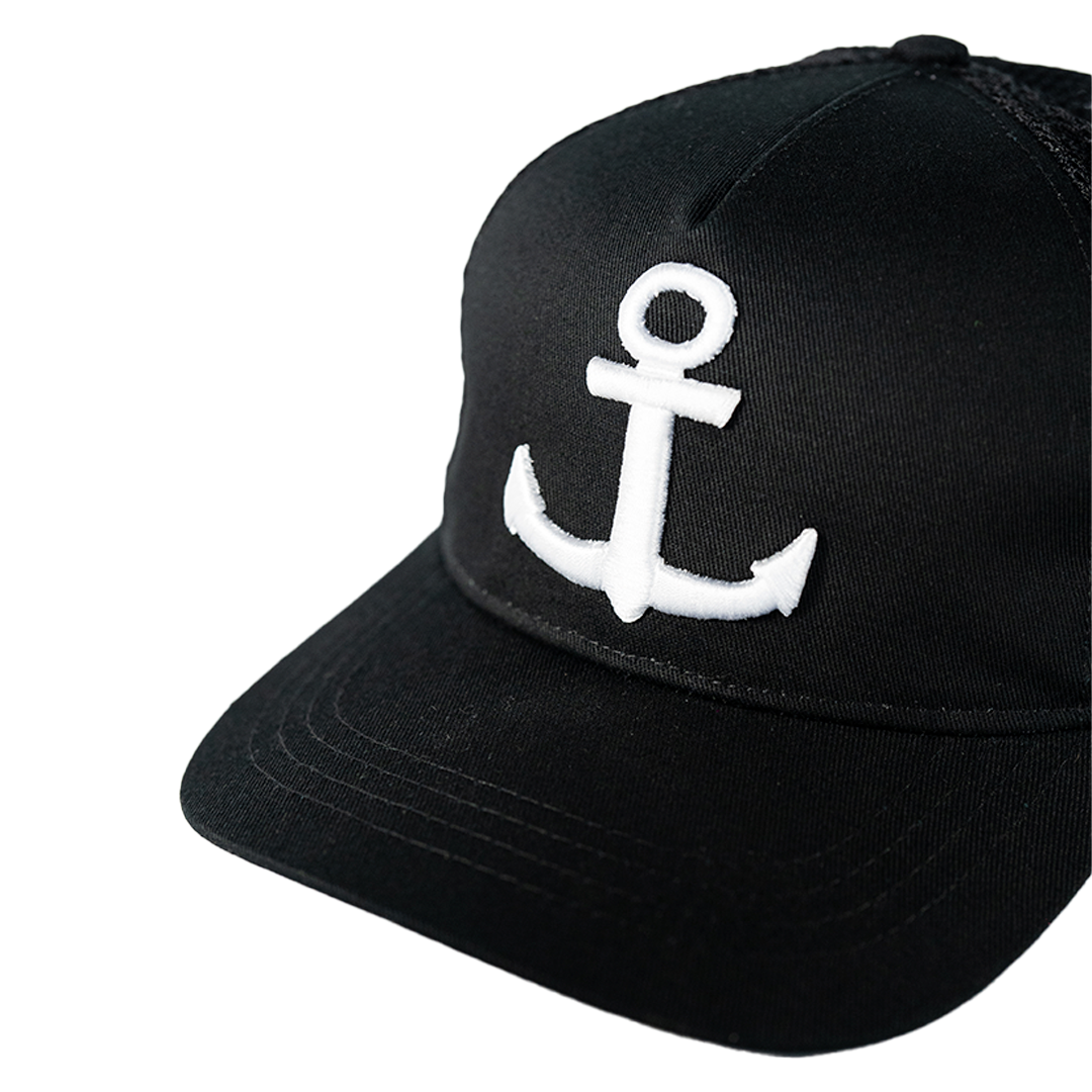 Anchor Embroidery Emblem Trucker Cap Black