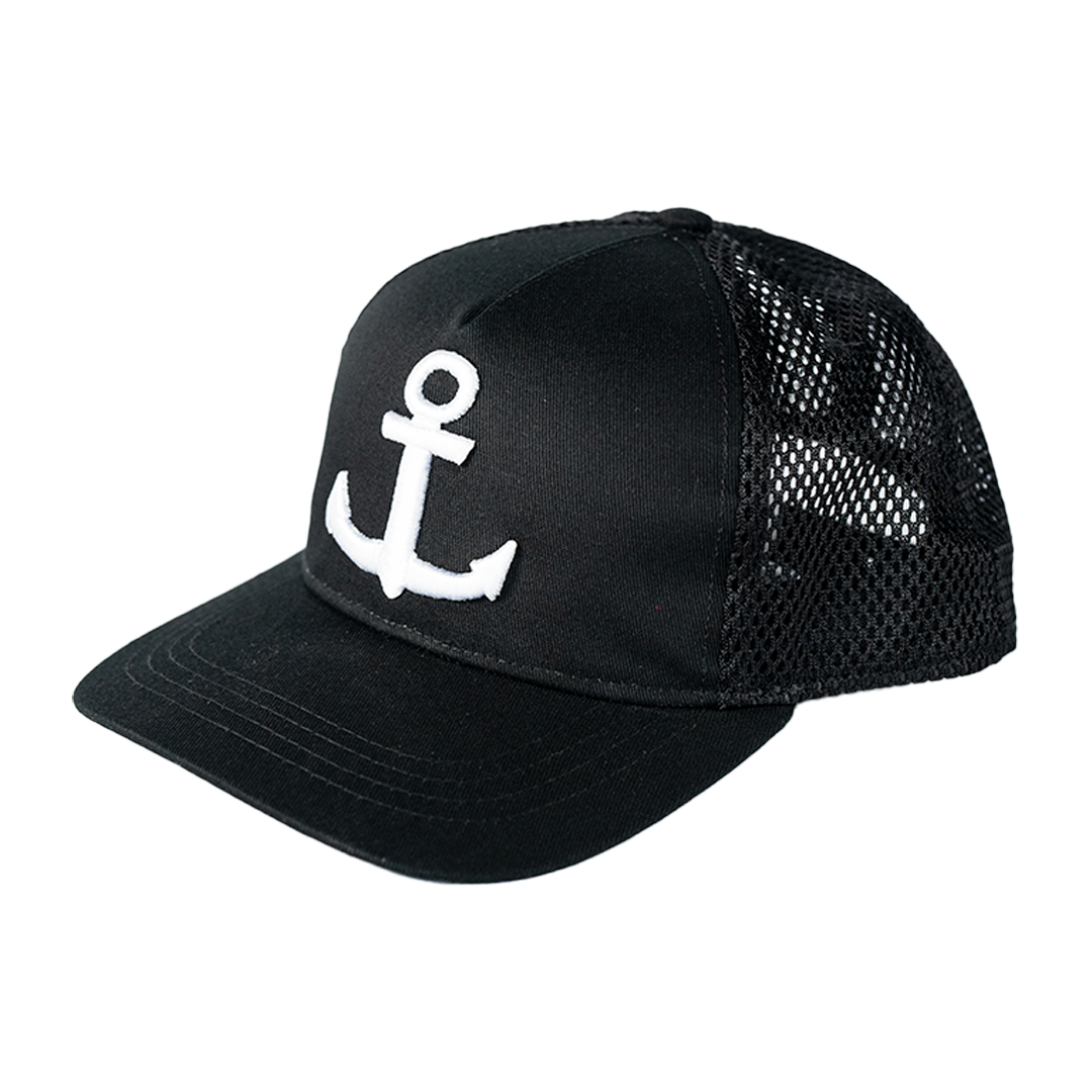 Anchor Embroidery Emblem Trucker Cap Black