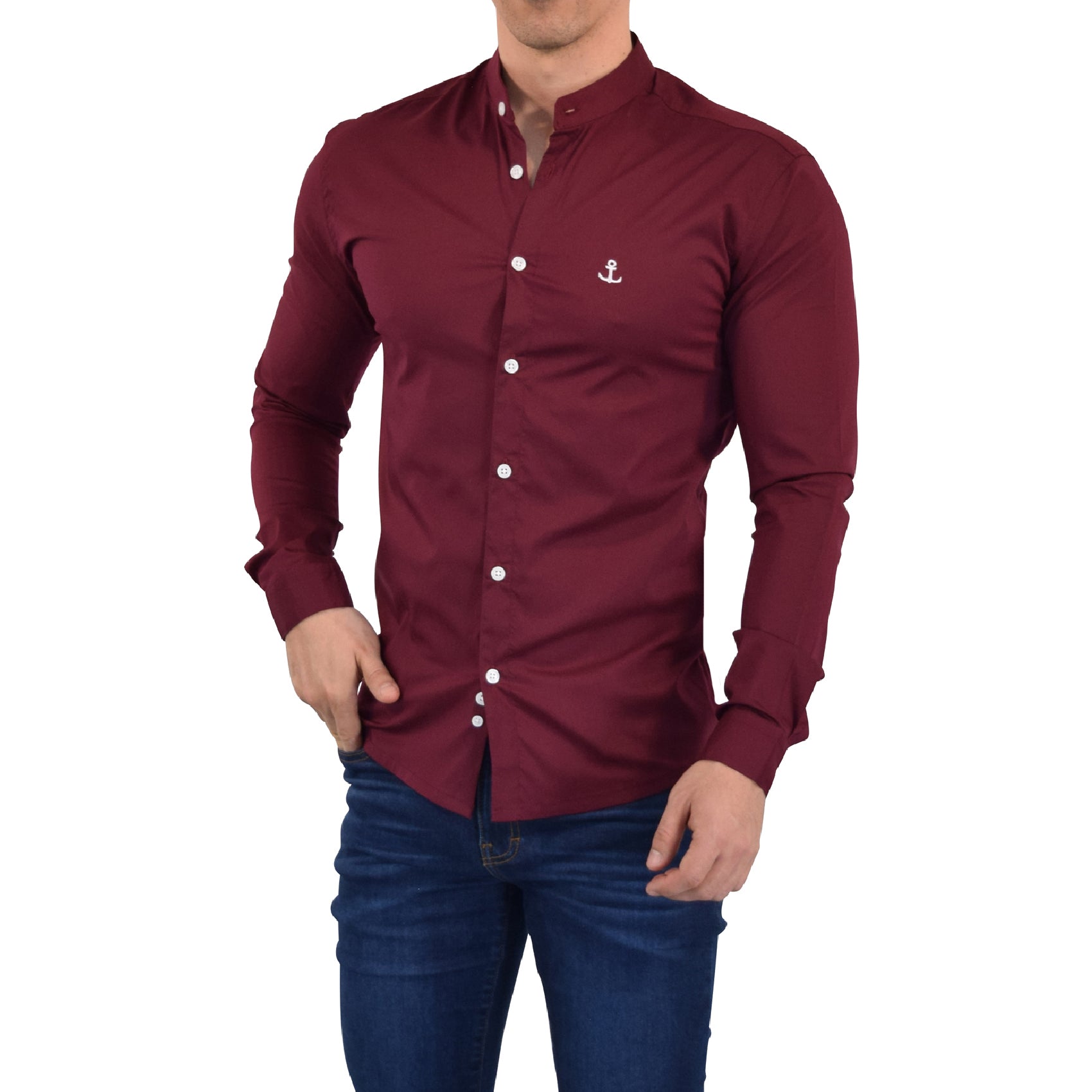 Camisa Vino Cuello Mao Manga Larga Logo Blanco