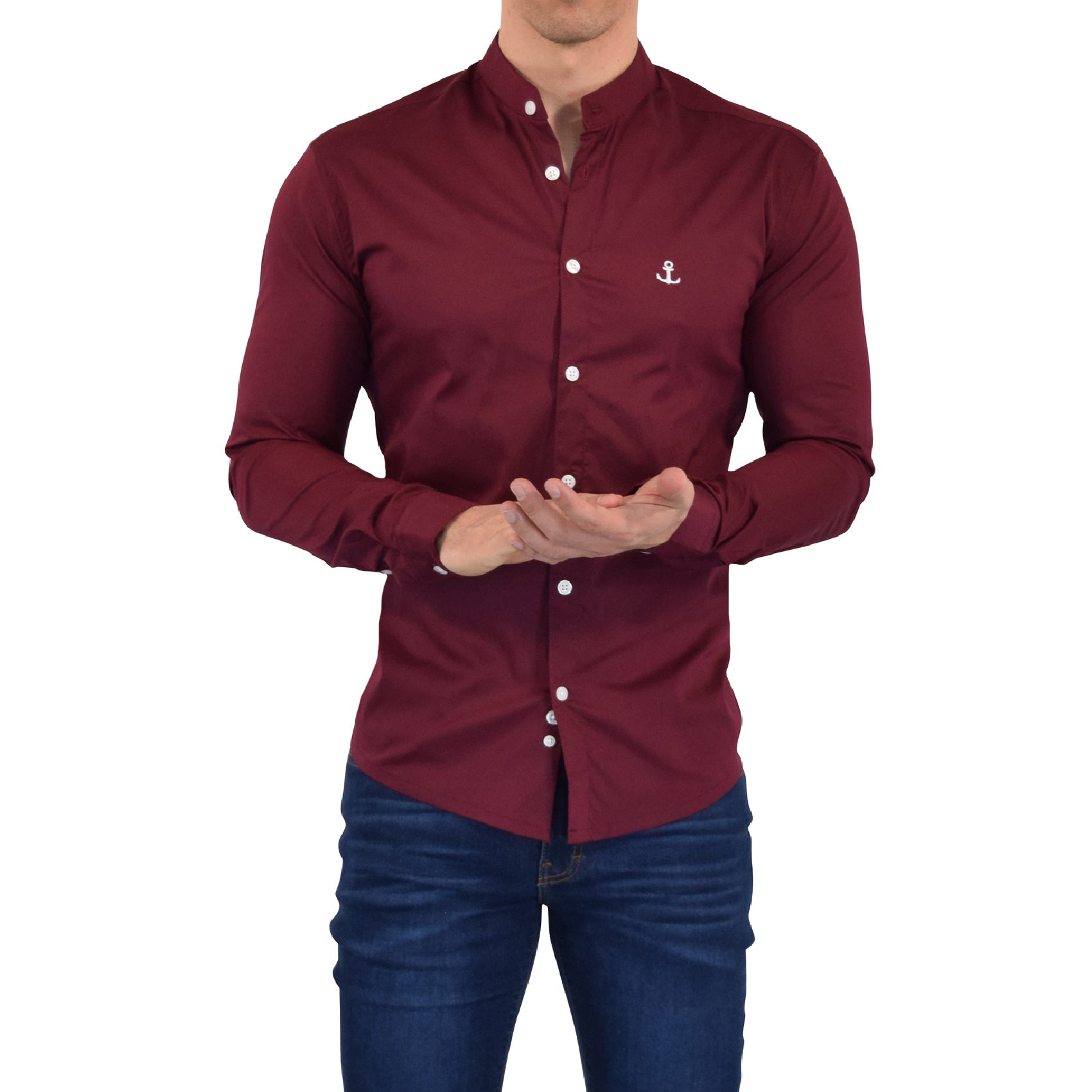 Camisa Vino Cuello Mao Manga Larga Logo Blanco