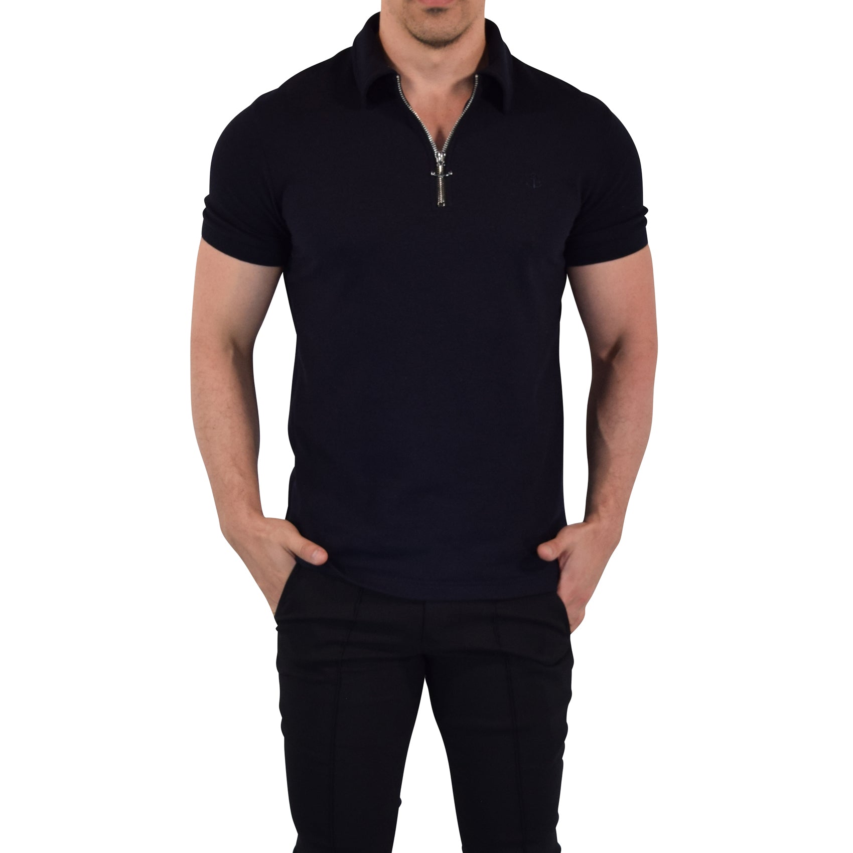 Zipped Short Sleeve Polo Full Black