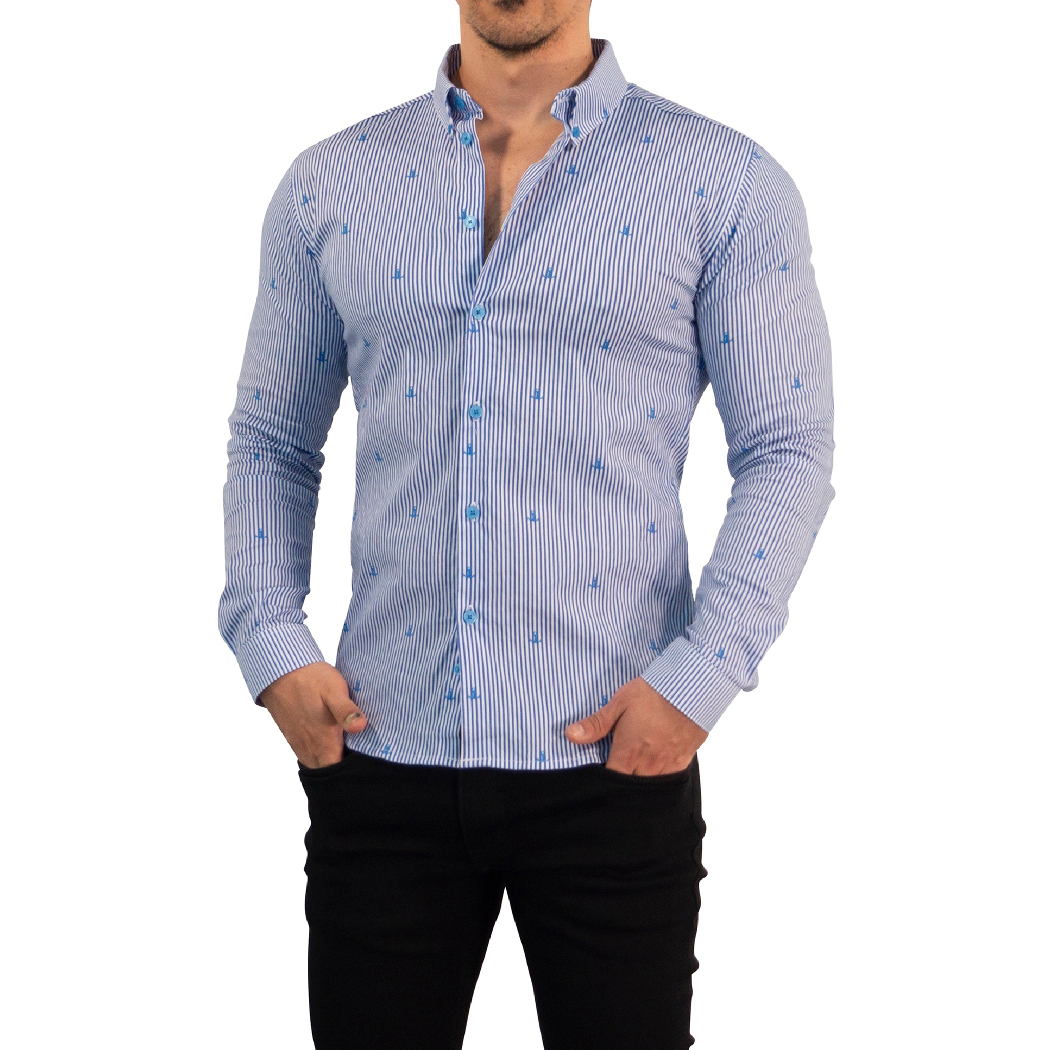 Camisa Slim Fit Anchor Stripes Light Blue