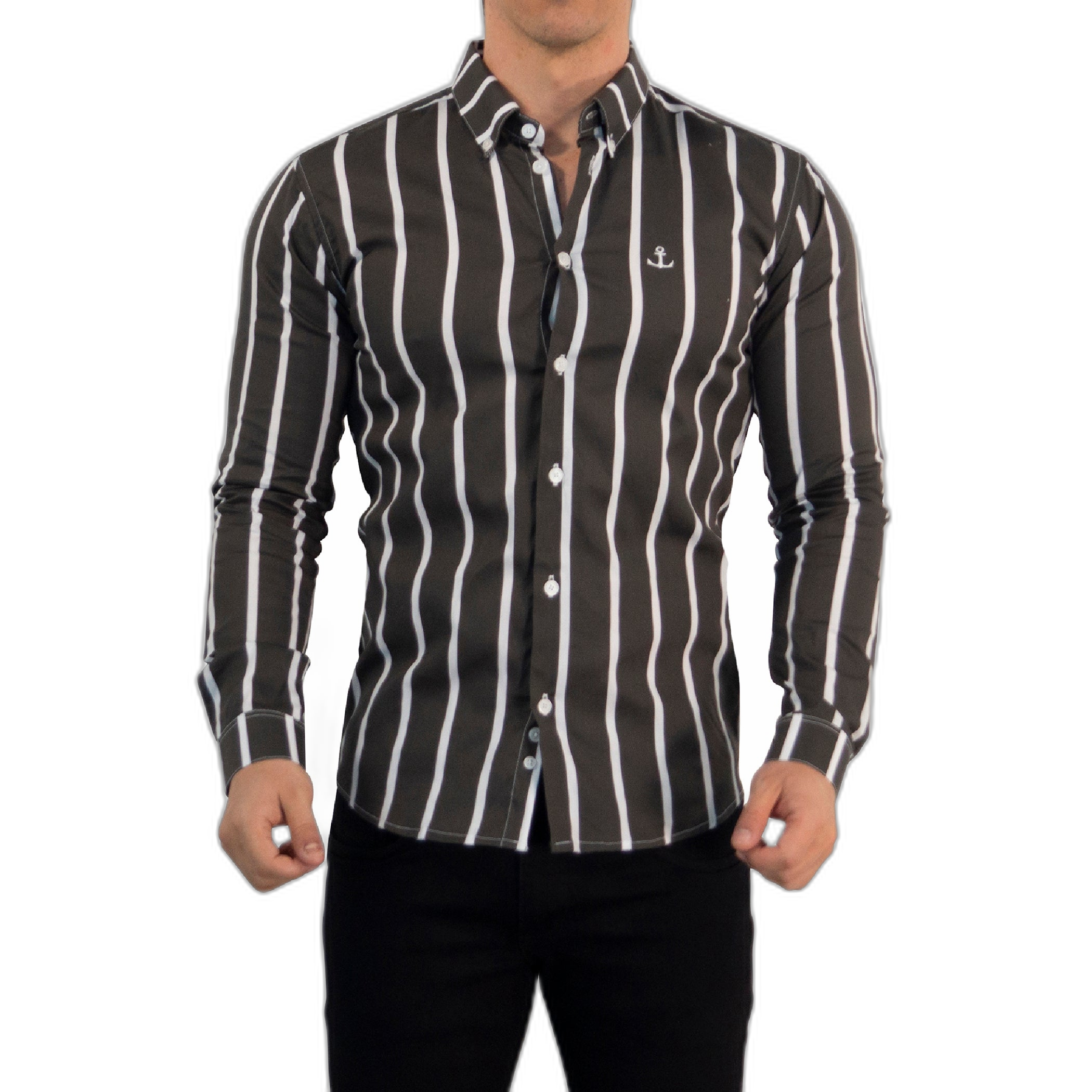 Camisa Slim Fit Light Stripe Dark Gray