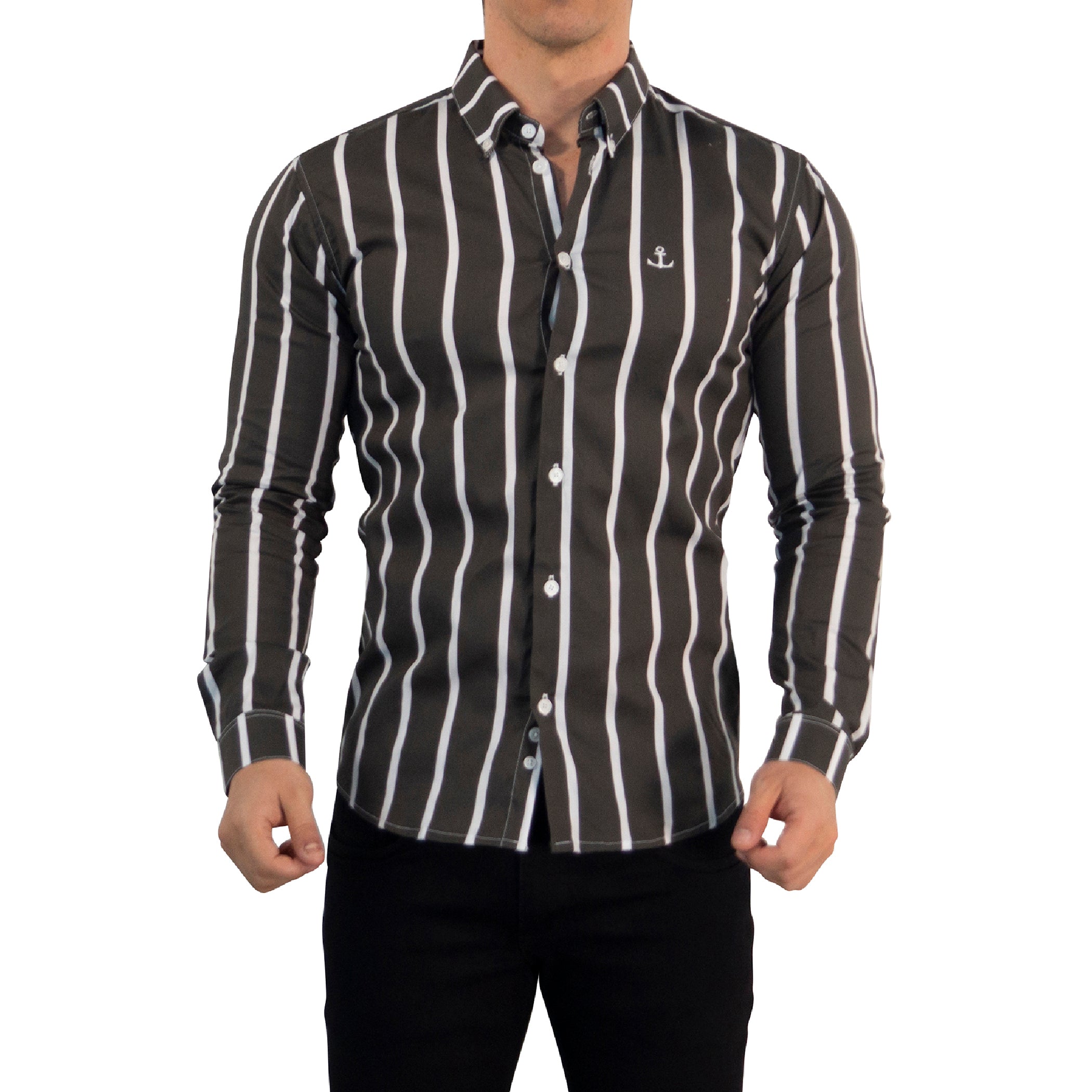 Camisa Slim Fit Light Stripe Dark Gray