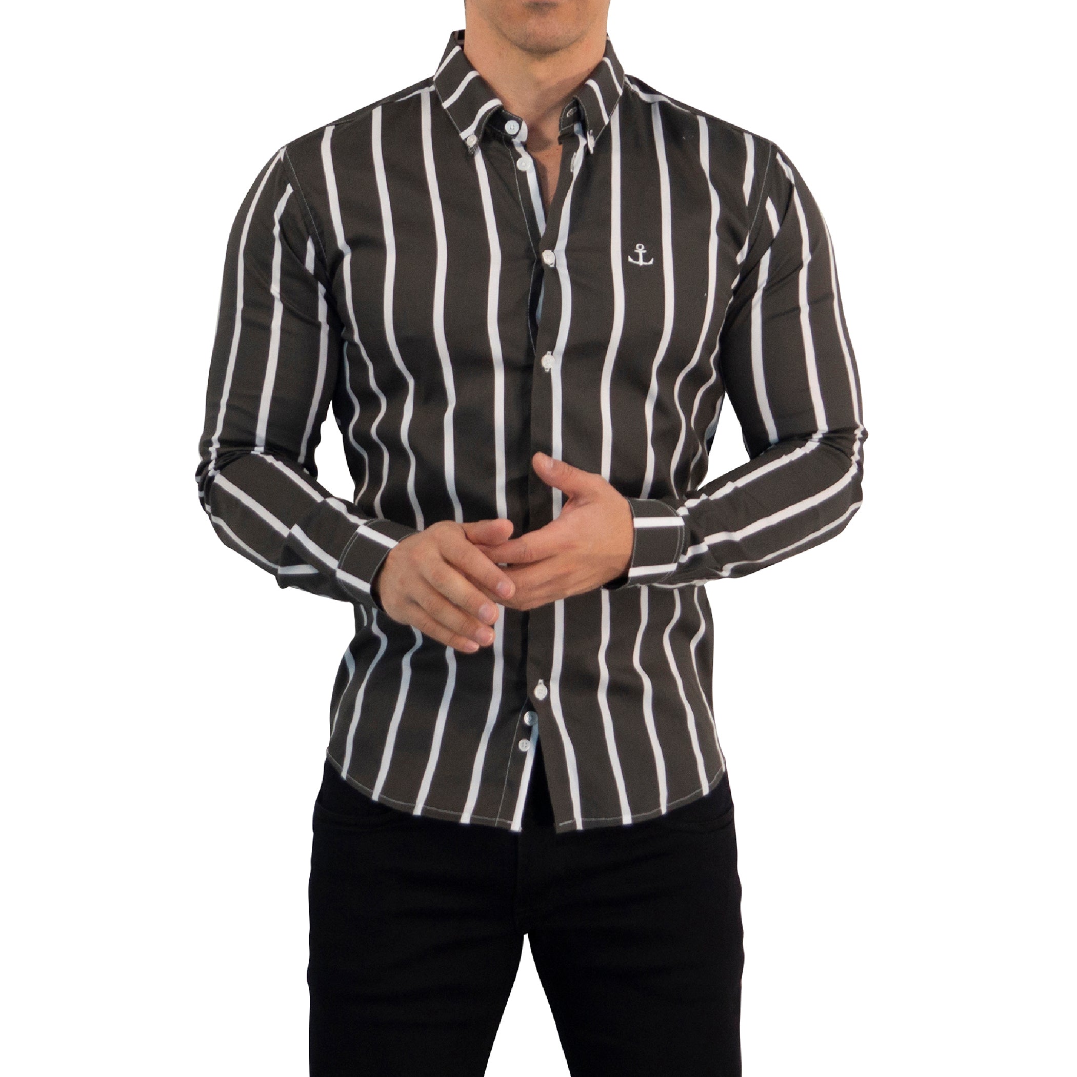 Camisa Slim Fit Light Stripe Dark Gray