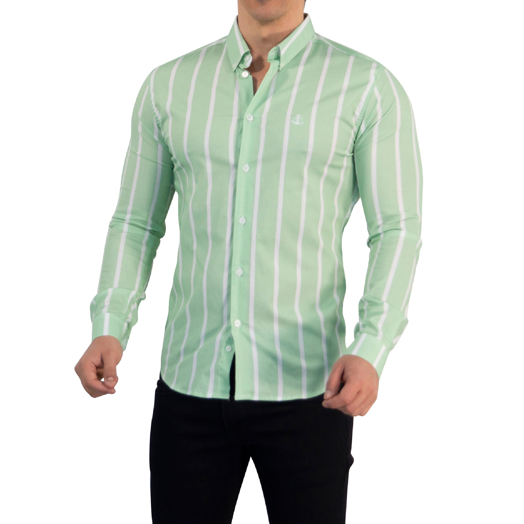Camisa Slim Fit Light Stripe Teal Green