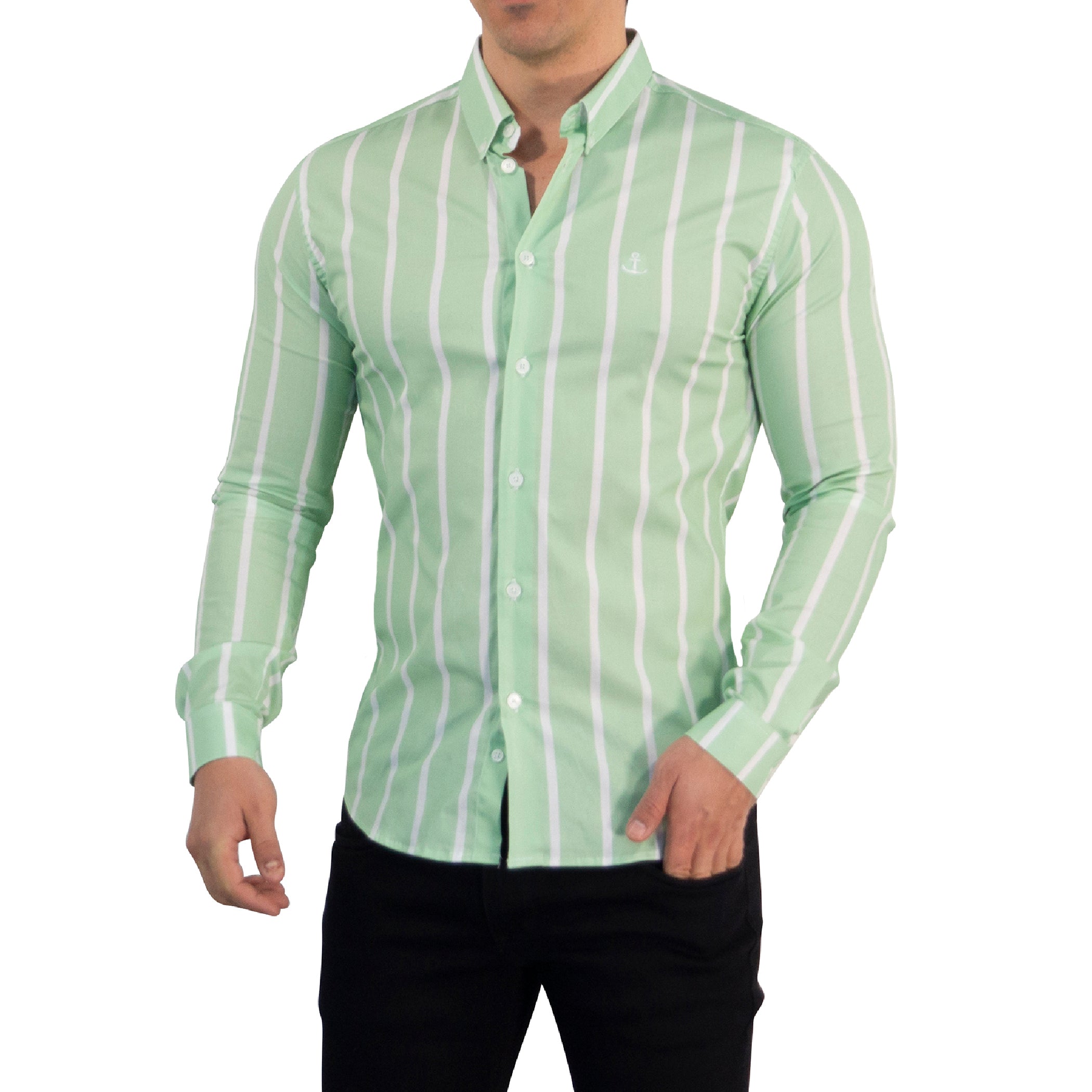 Camisa Slim Fit Light Stripe Teal Green