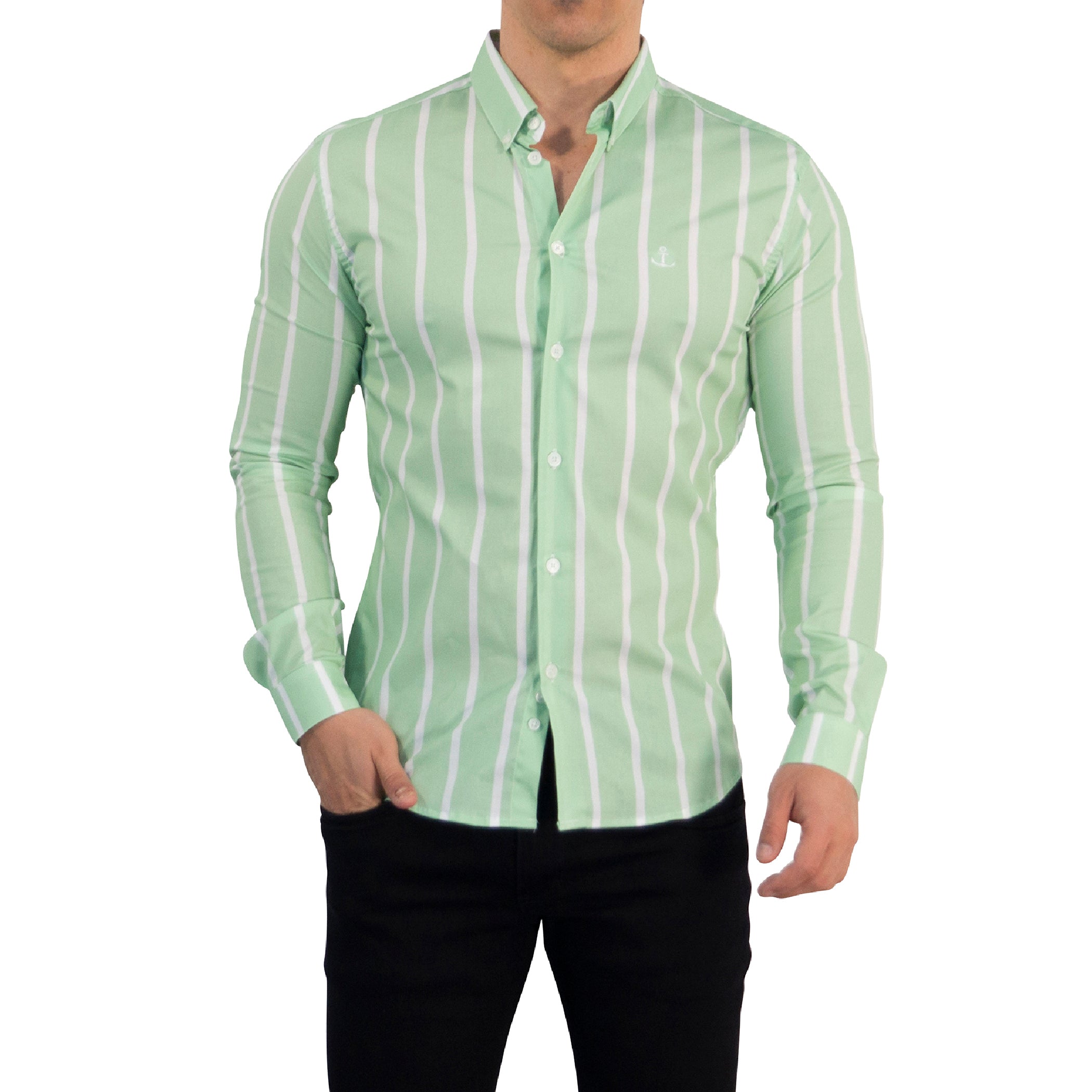 Camisa Slim Fit Light Stripe Teal Green