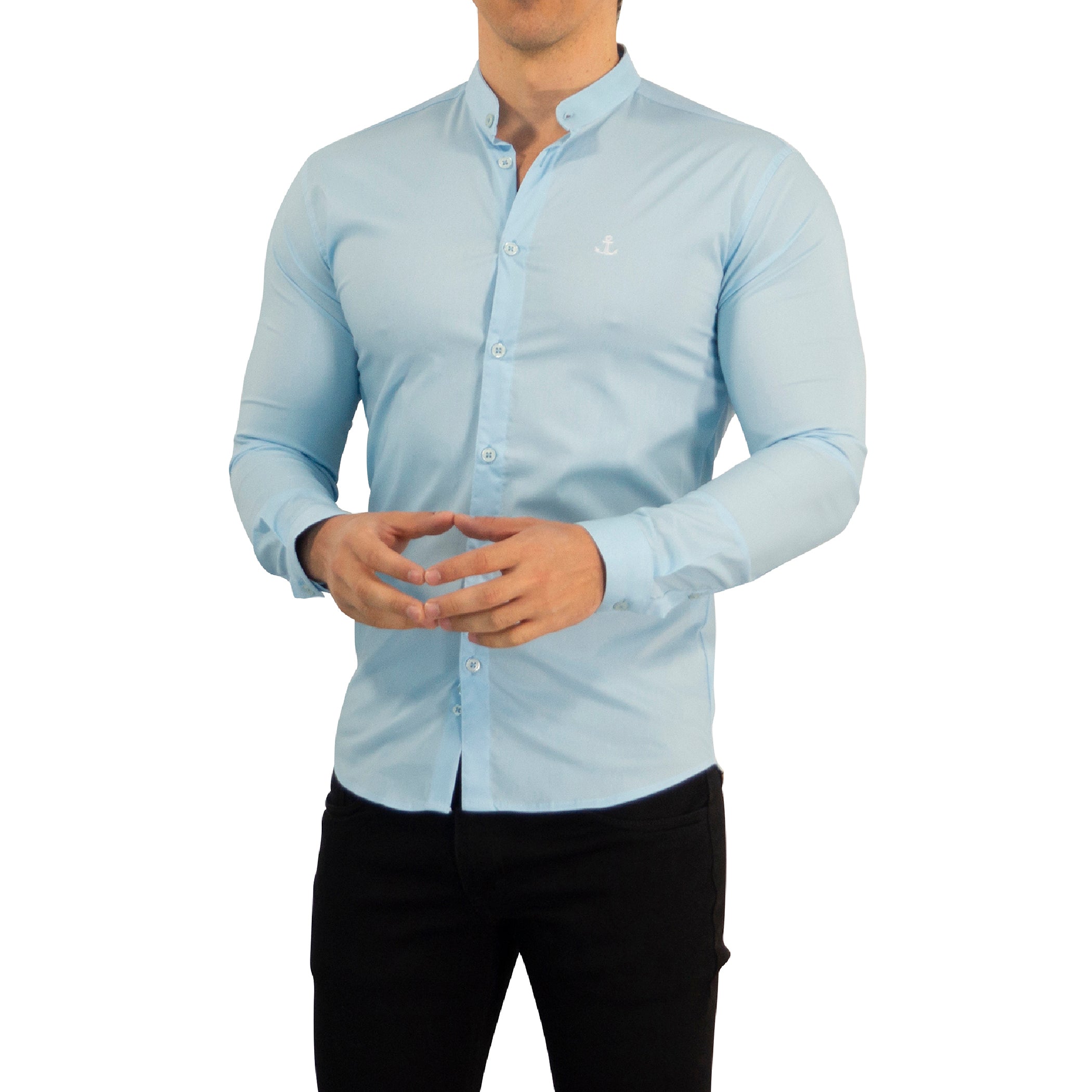 Camisa Cuello Mao Manga Larga Azul Cielo Logo Blanco