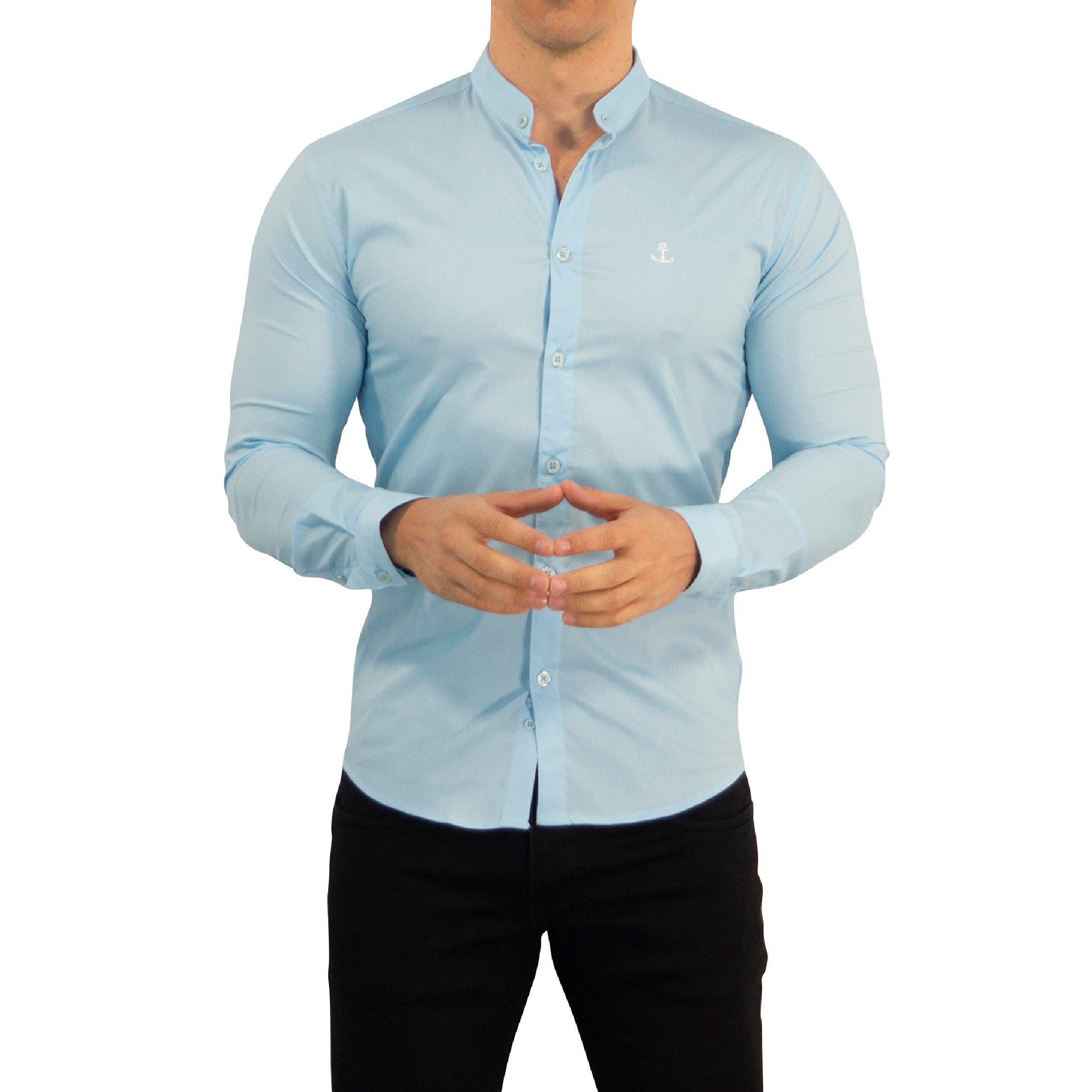 Camisa Cuello Mao Manga Larga Azul Cielo Logo Blanco