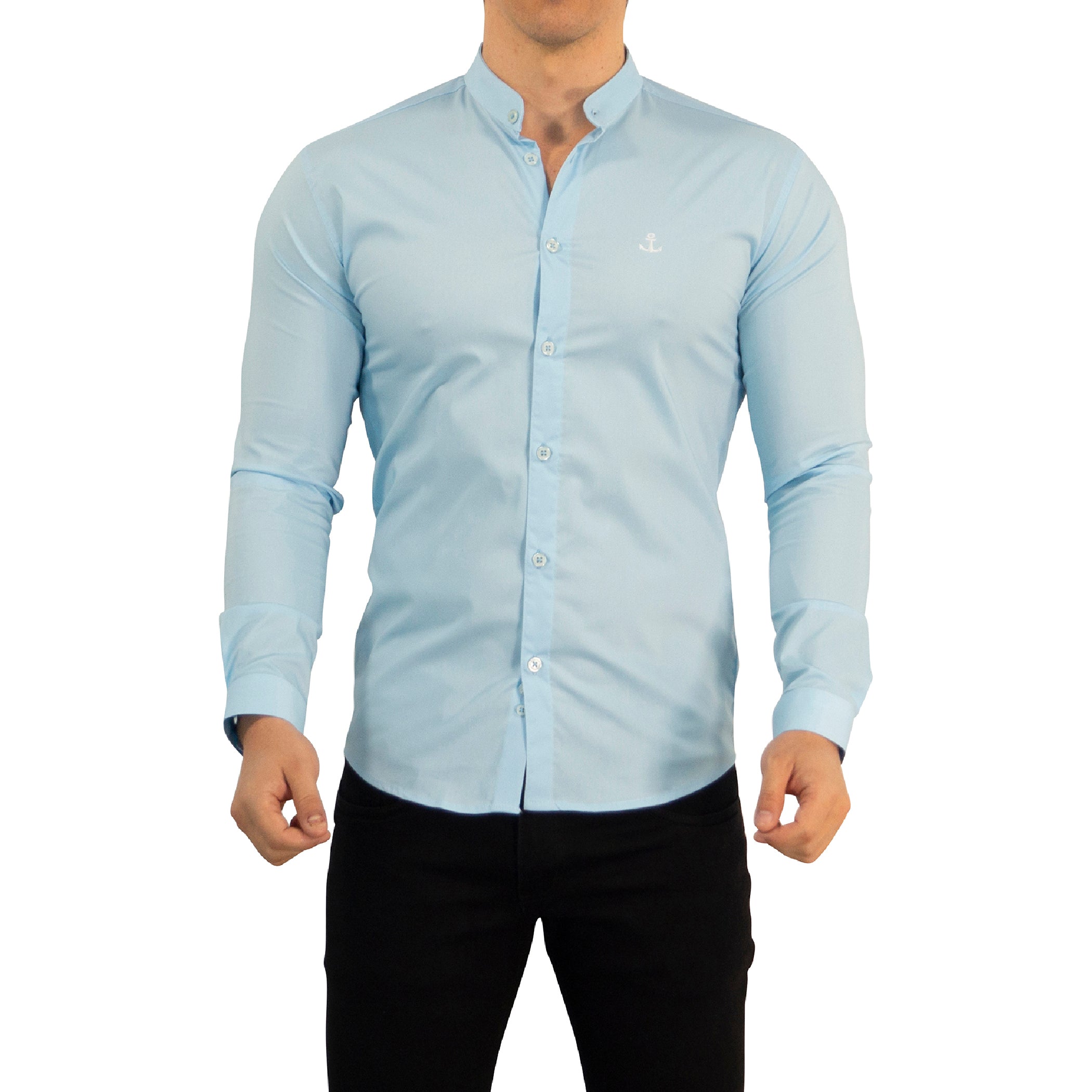Camisa Cuello Mao Manga Larga Azul Cielo Logo Blanco