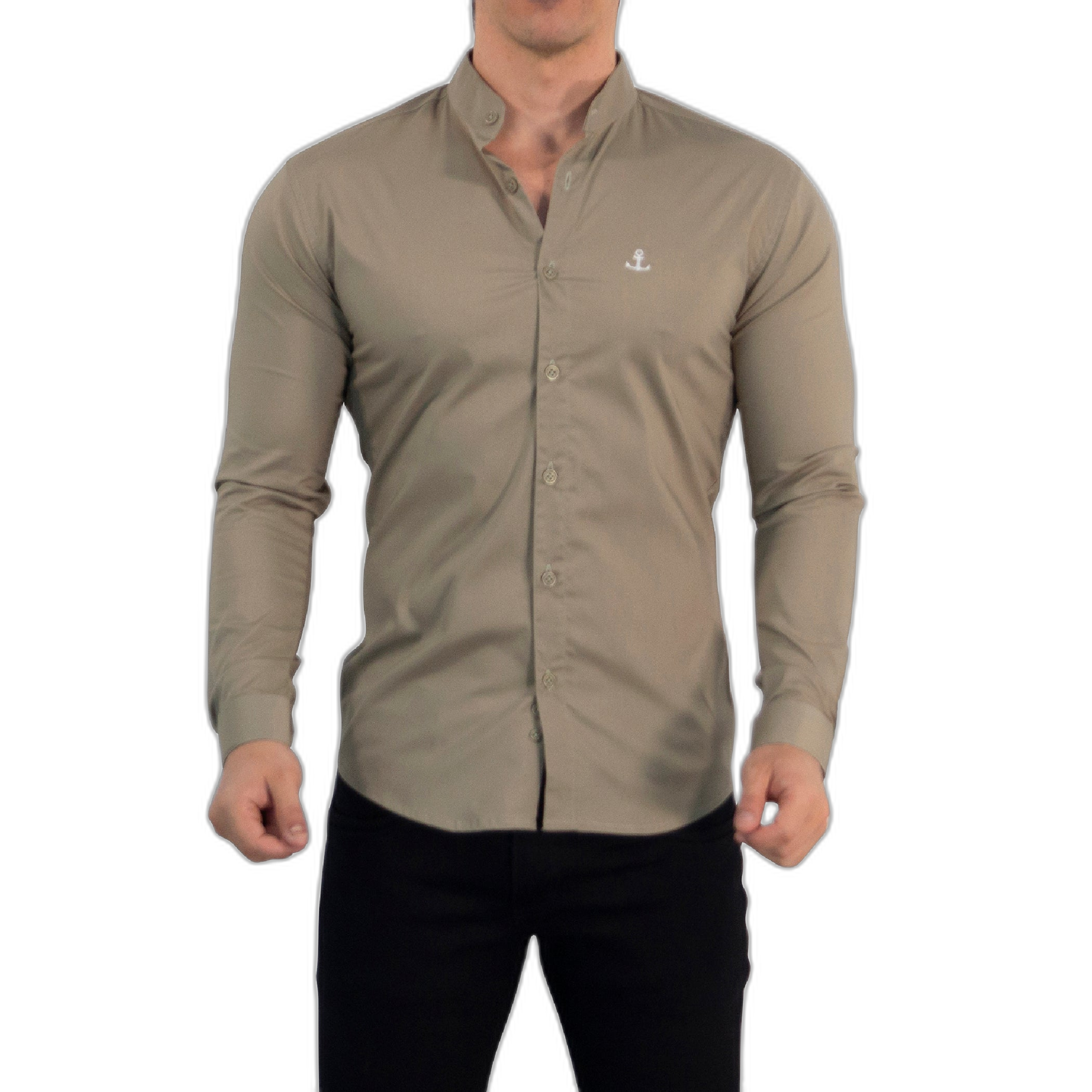 Camisa Cuello Mao Manga Larga Caqui Vintage Logo Blanco