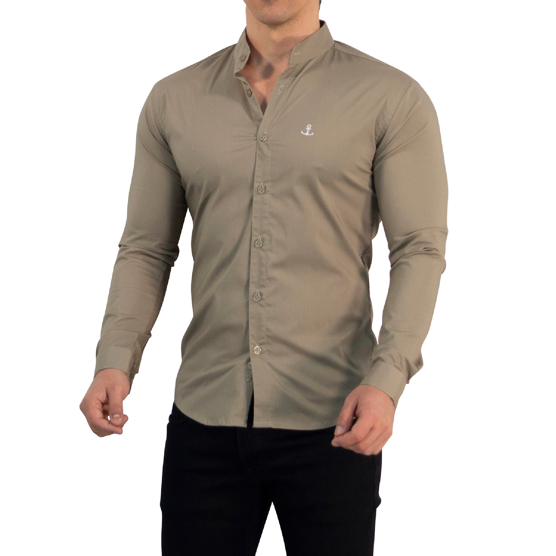 Camisa Cuello Mao Manga Larga Caqui Vintage Logo Blanco