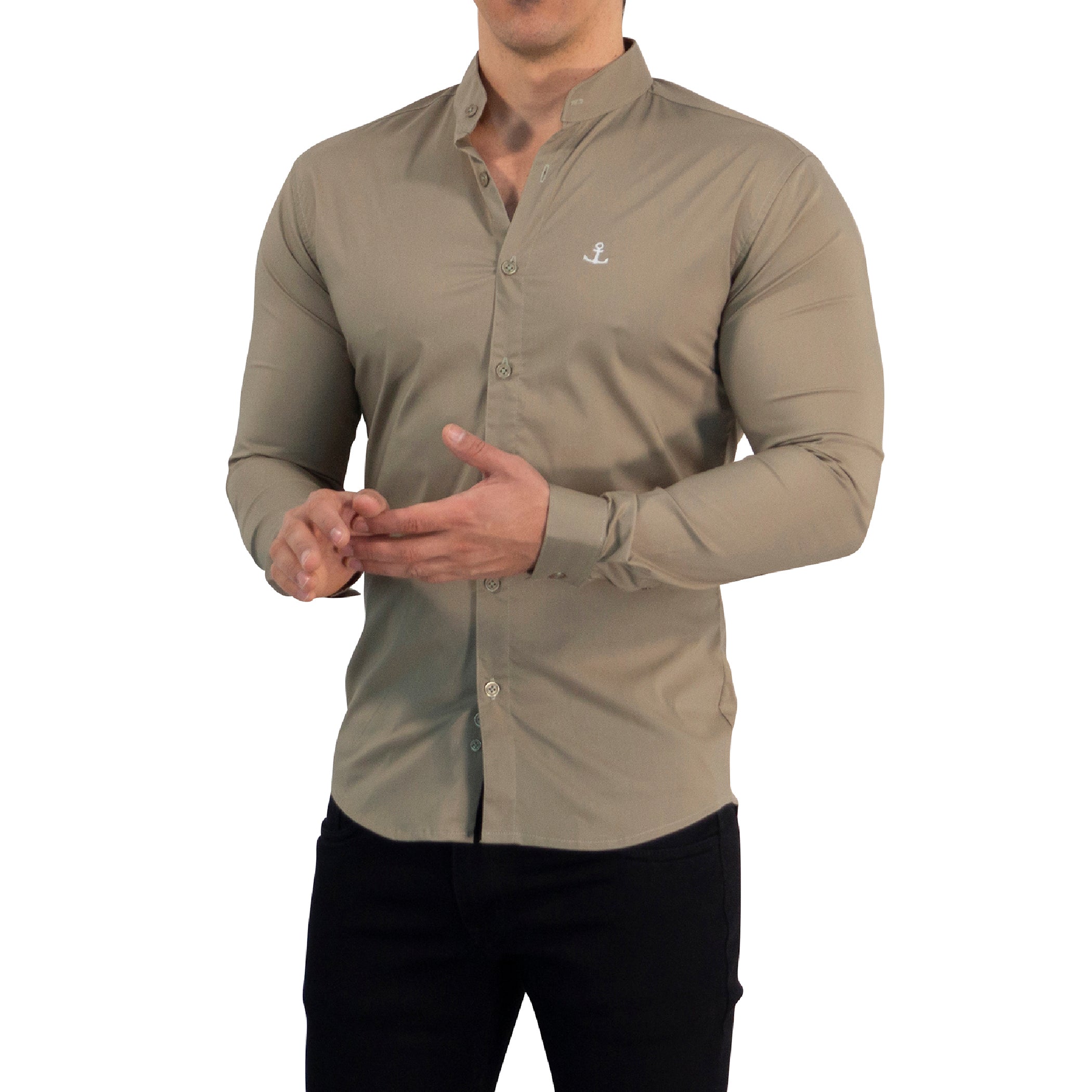Camisa Cuello Mao Manga Larga Caqui Vintage Logo Blanco