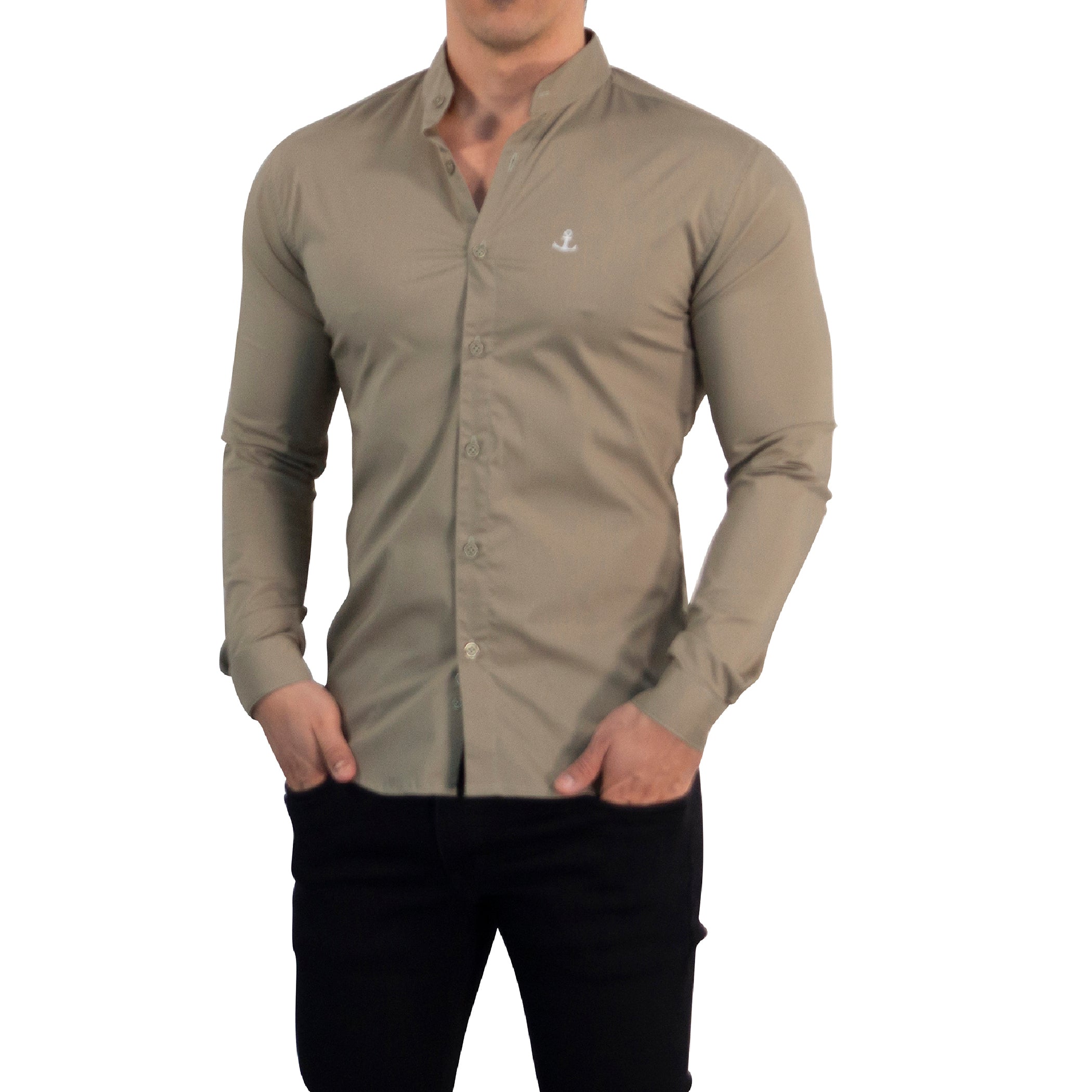 Camisa Cuello Mao Manga Larga Caqui Vintage Logo Blanco