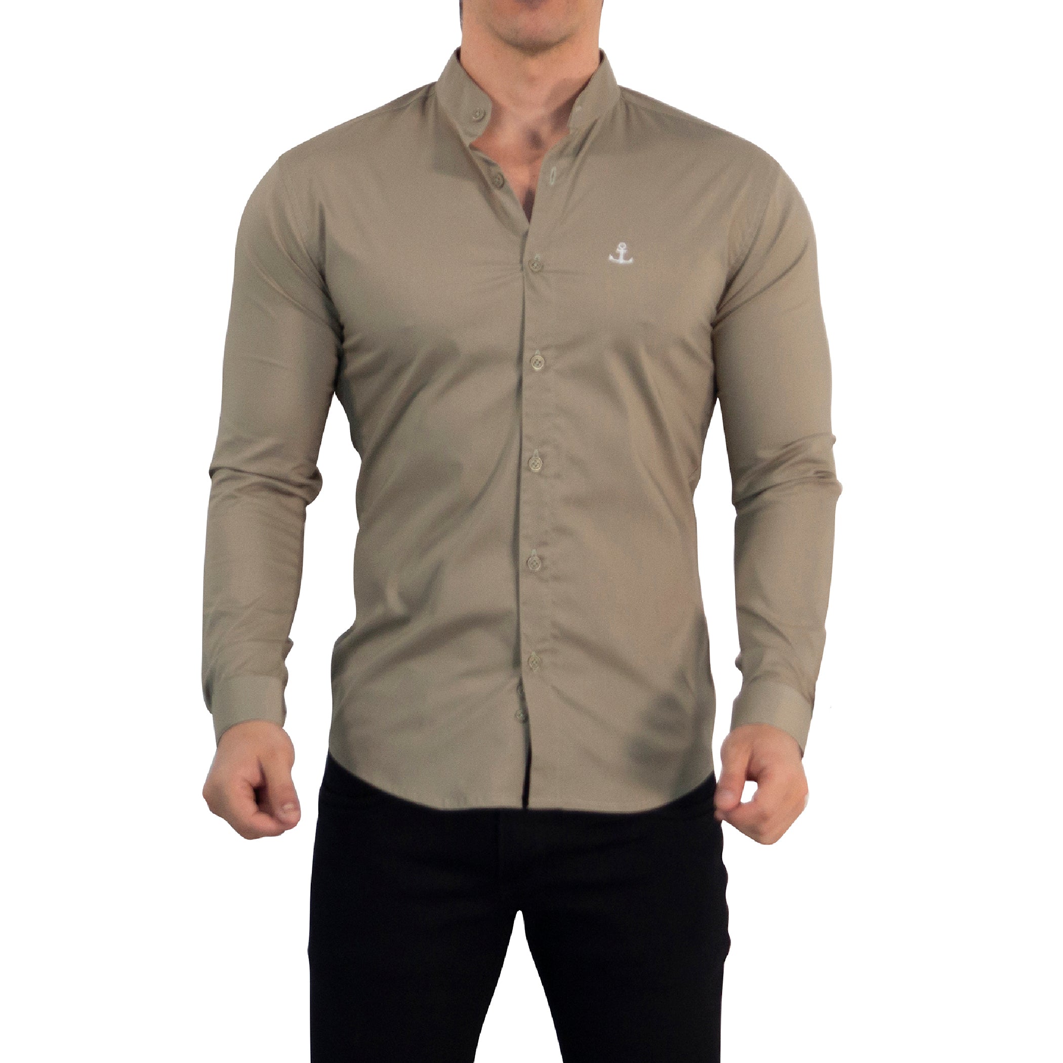 Camisa Cuello Mao Manga Larga Caqui Vintage Logo Blanco