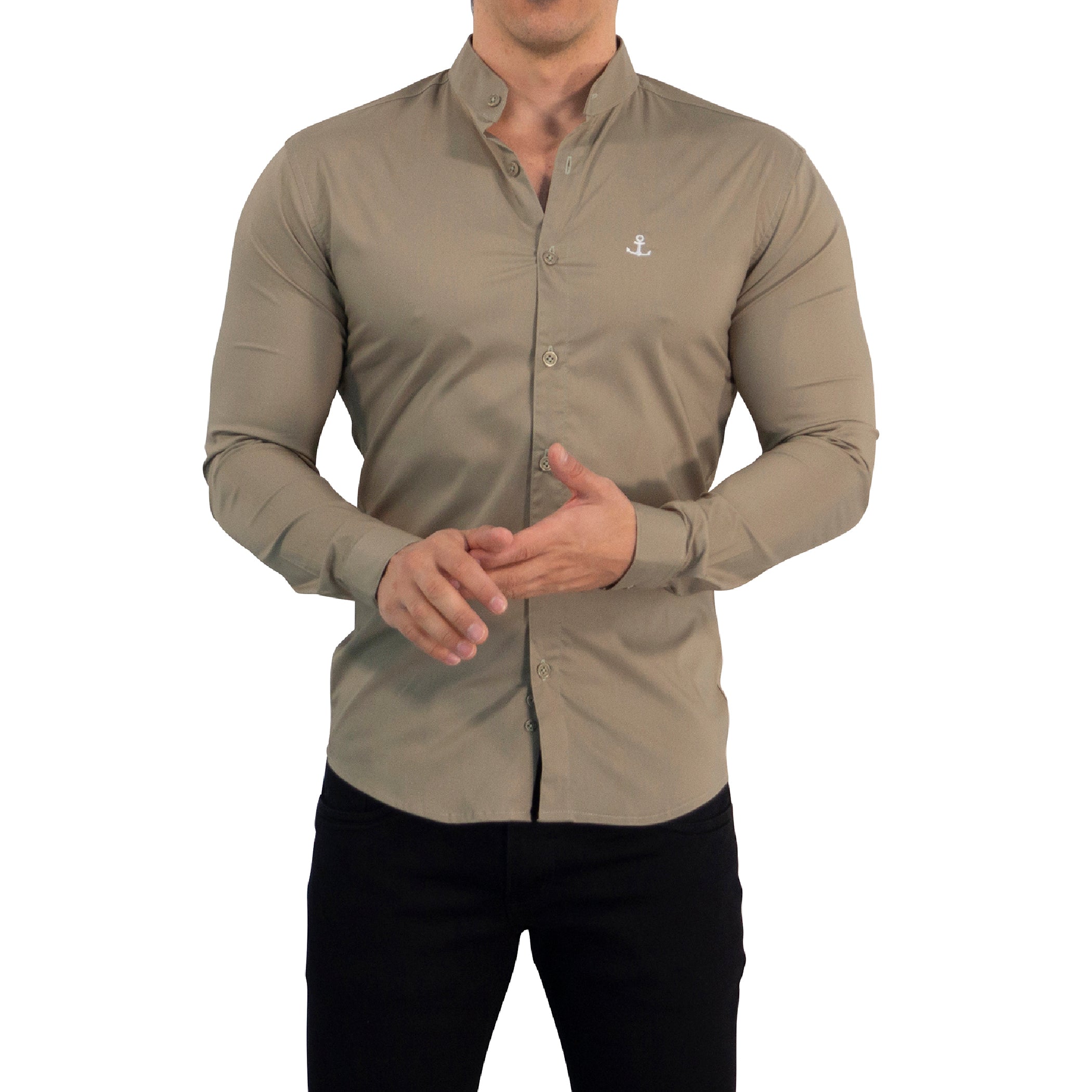 Camisa Cuello Mao Manga Larga Caqui Vintage Logo Blanco