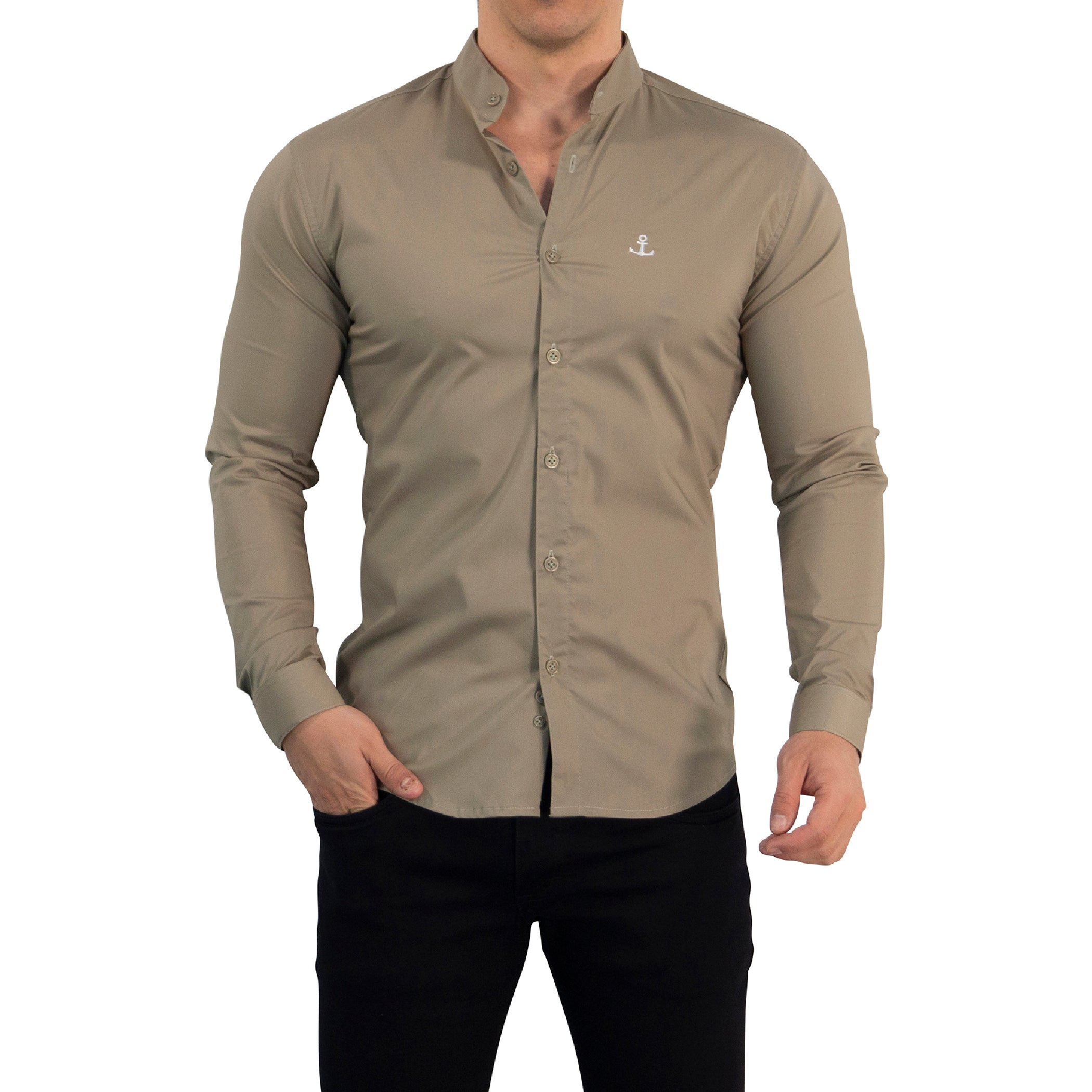 Camisa Cuello Mao Manga Larga Caqui Vintage Logo Blanco