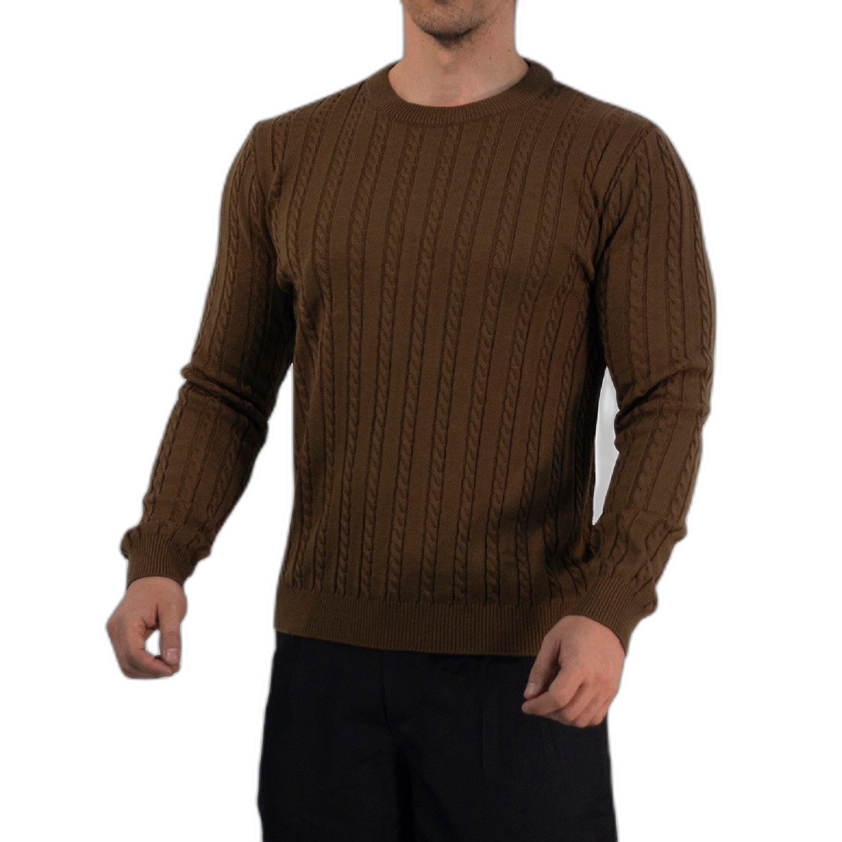 Crewneck Cable Knit Sweater Dark Brown