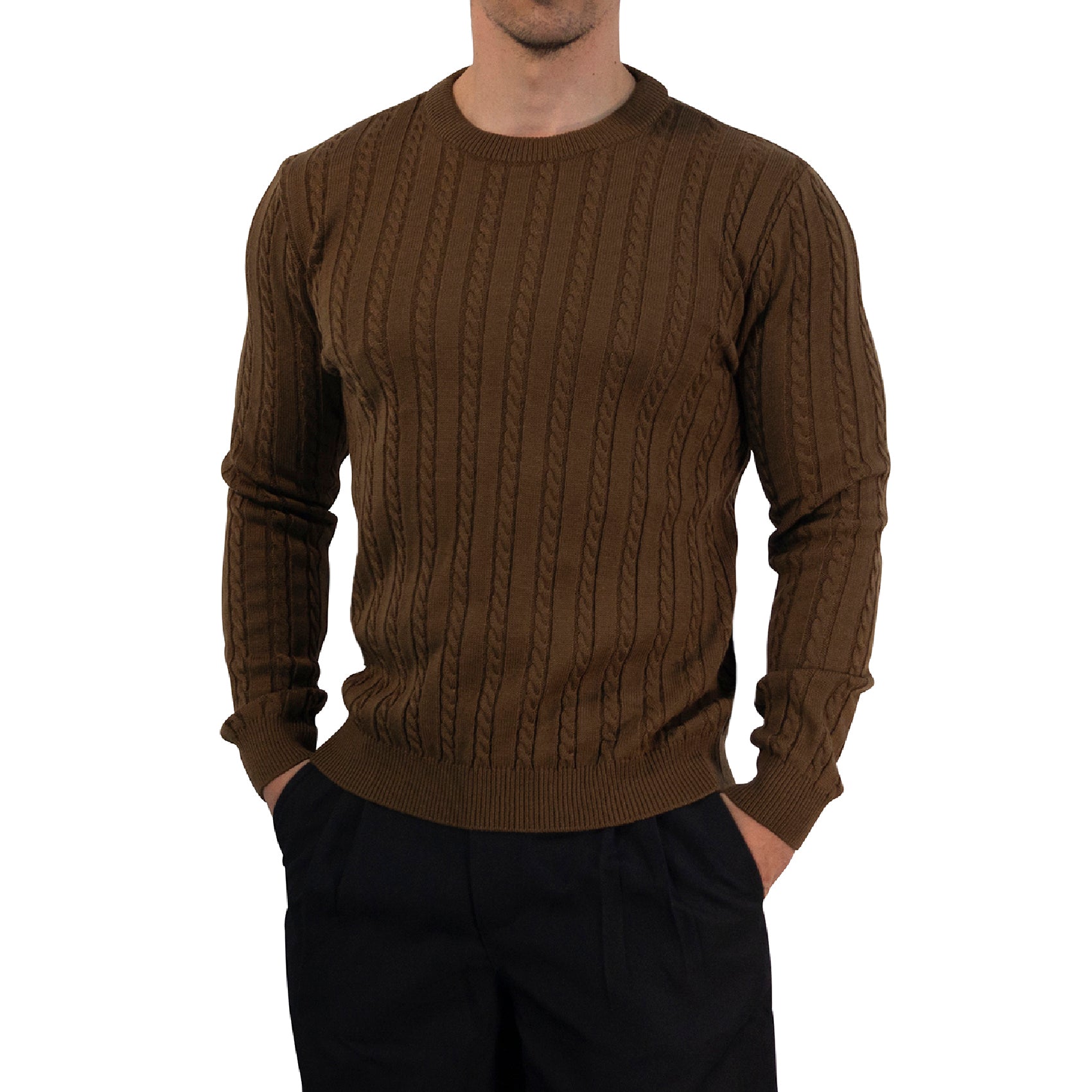 Crewneck Cable Knit Sweater Dark Bown
