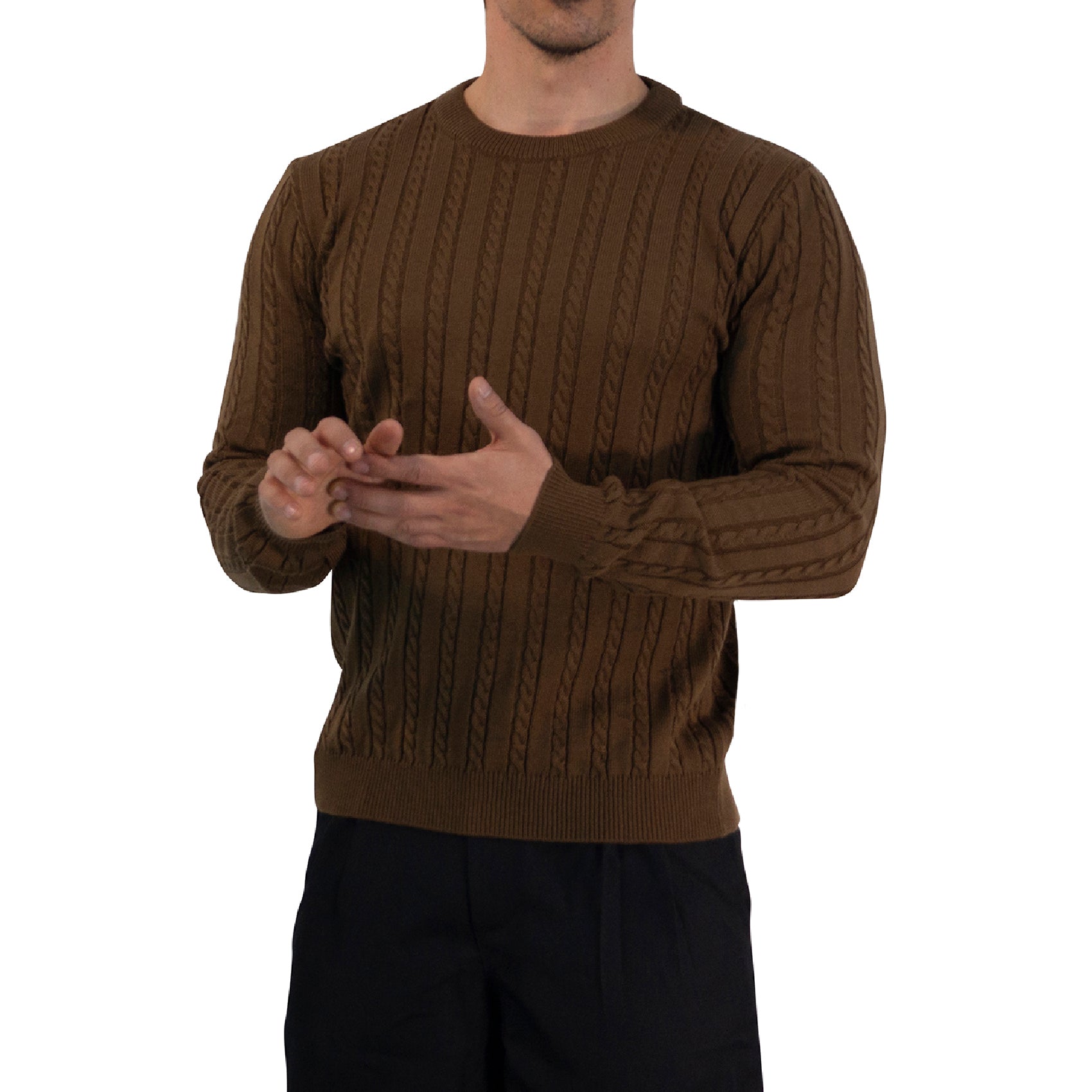 Crewneck Cable Knit Sweater Dark Brown