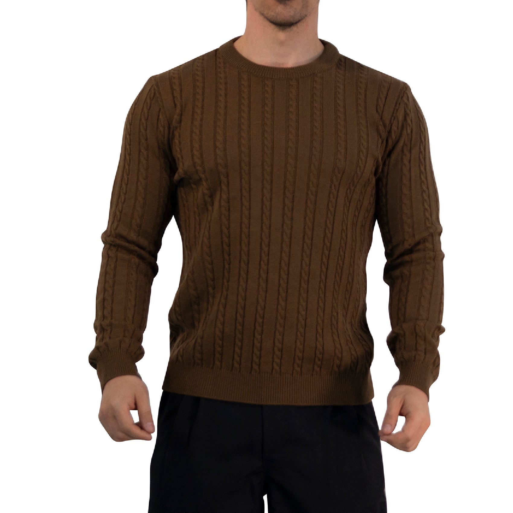 Crewneck Cable Knit Sweater Dark Bown