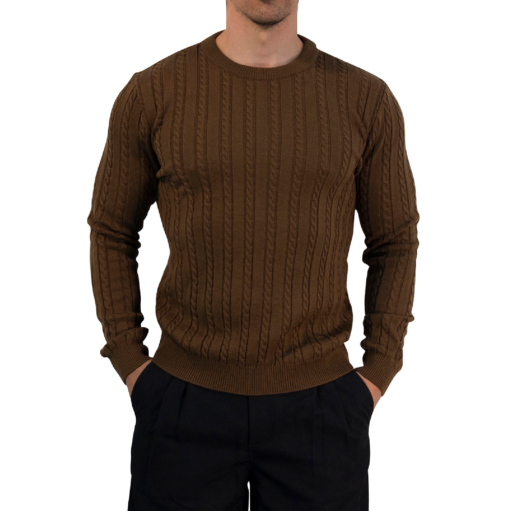 Crewneck Cable Knit Sweater Dark Brown