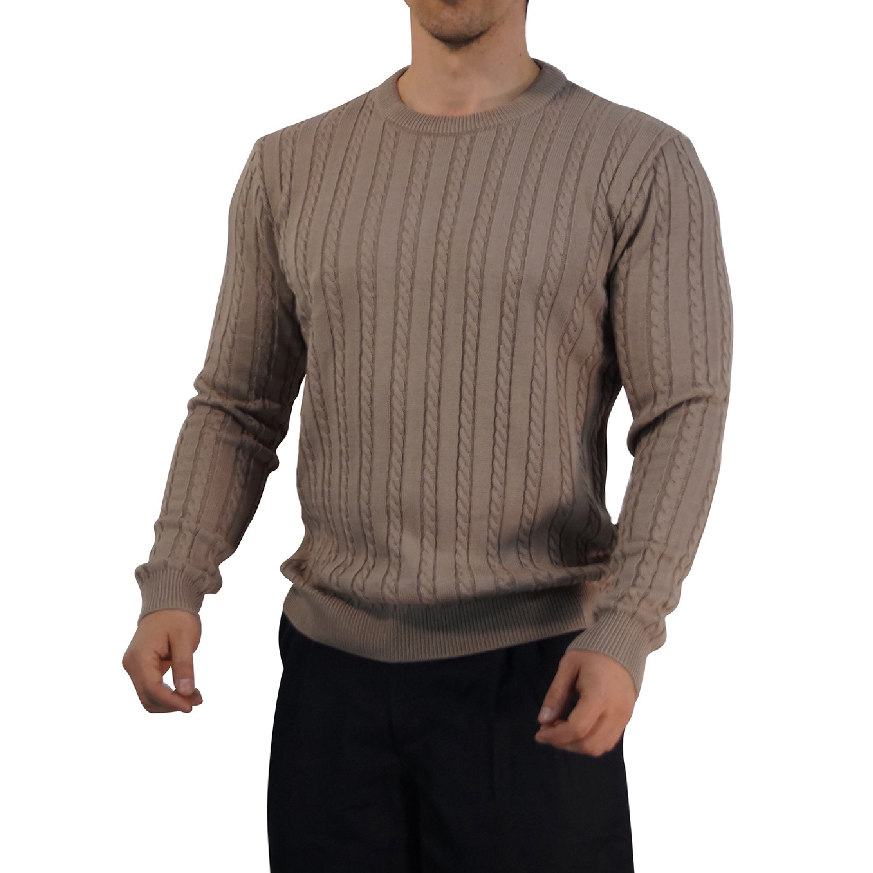 Crewneck Cable Knit Sweater Light Bown