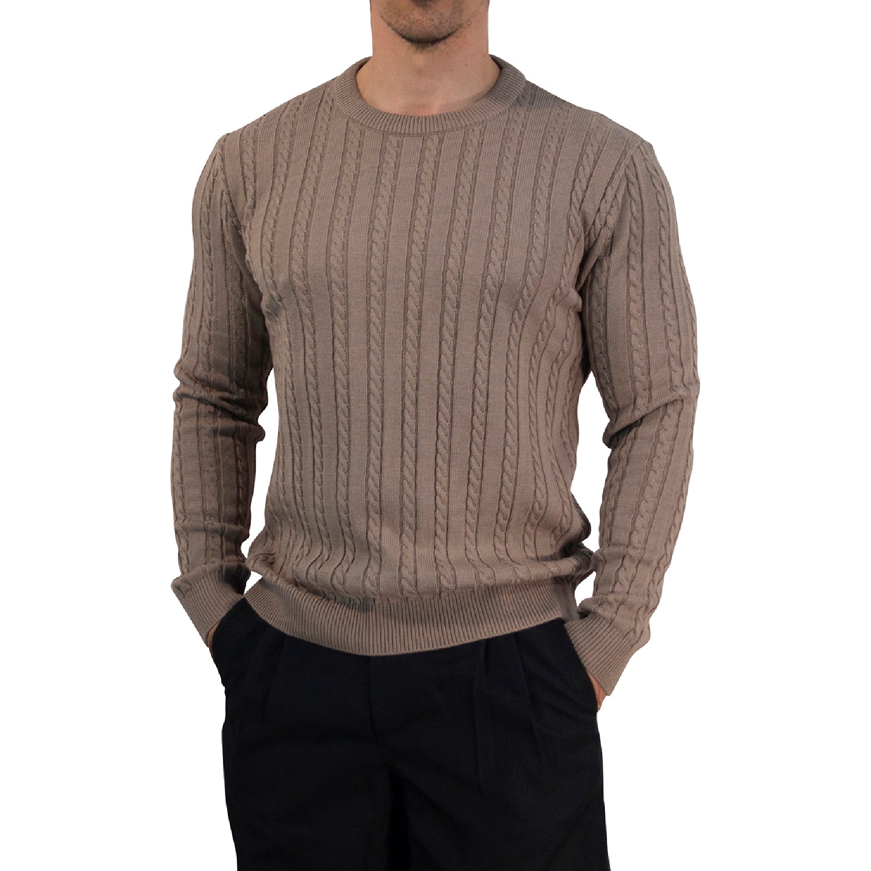 Crewneck Cable Knit Sweater Light Bown