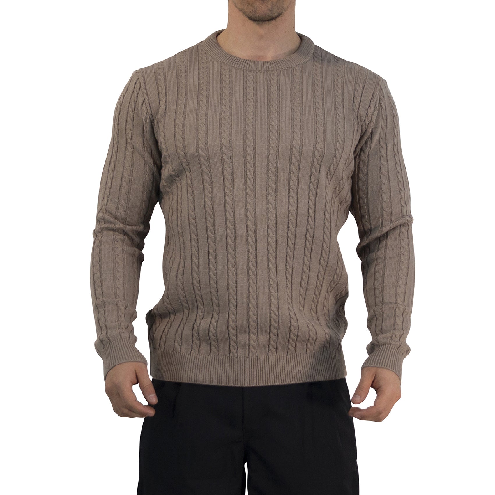 Crewneck Cable Knit Sweater Light Bown