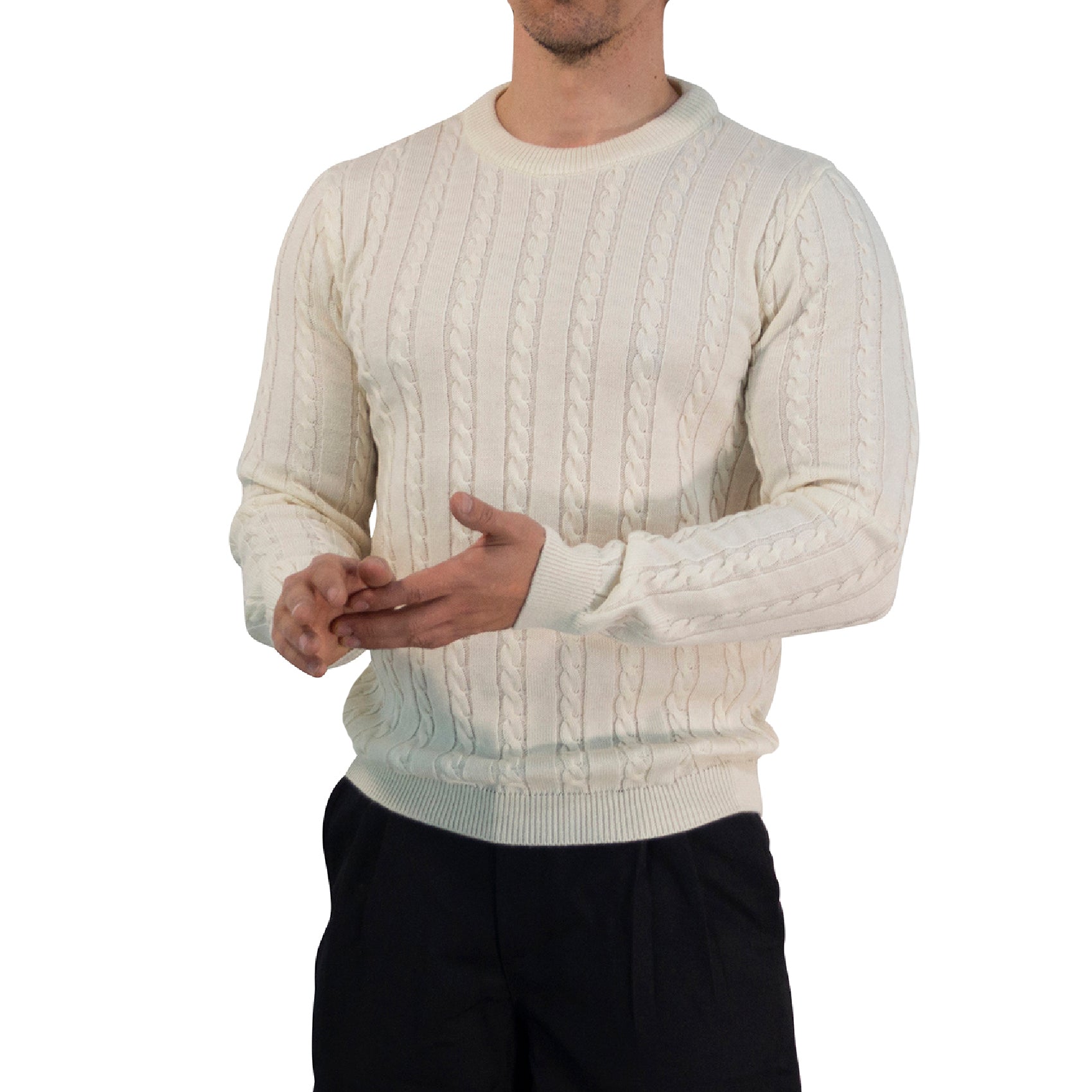 Crewneck Cable Knit Sweater Raw Cream