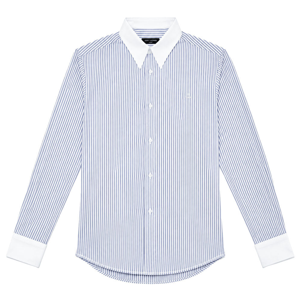 Camisa Slim White Collar Classic Stripe Shirt Light Blue