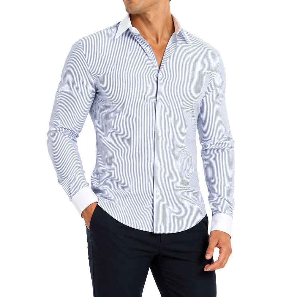 Camisa Slim White Collar Classic Stripe Shirt Light Blue