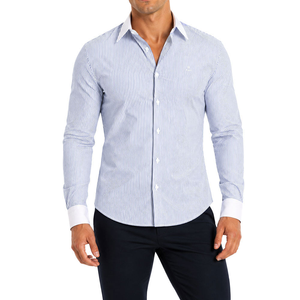 Camisa Slim White Collar Classic Stripe Shirt Light Blue