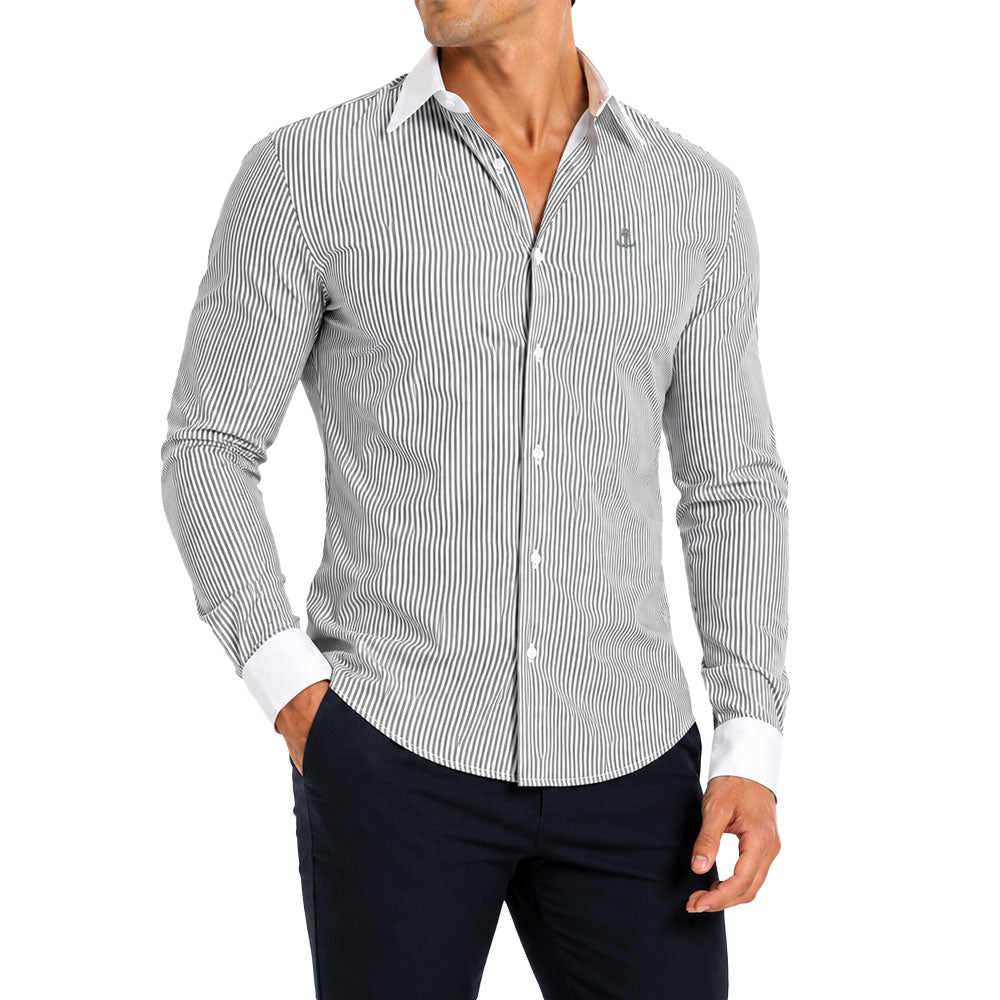 Camisa Slim White Collar Classic Stripe Shirt Gray