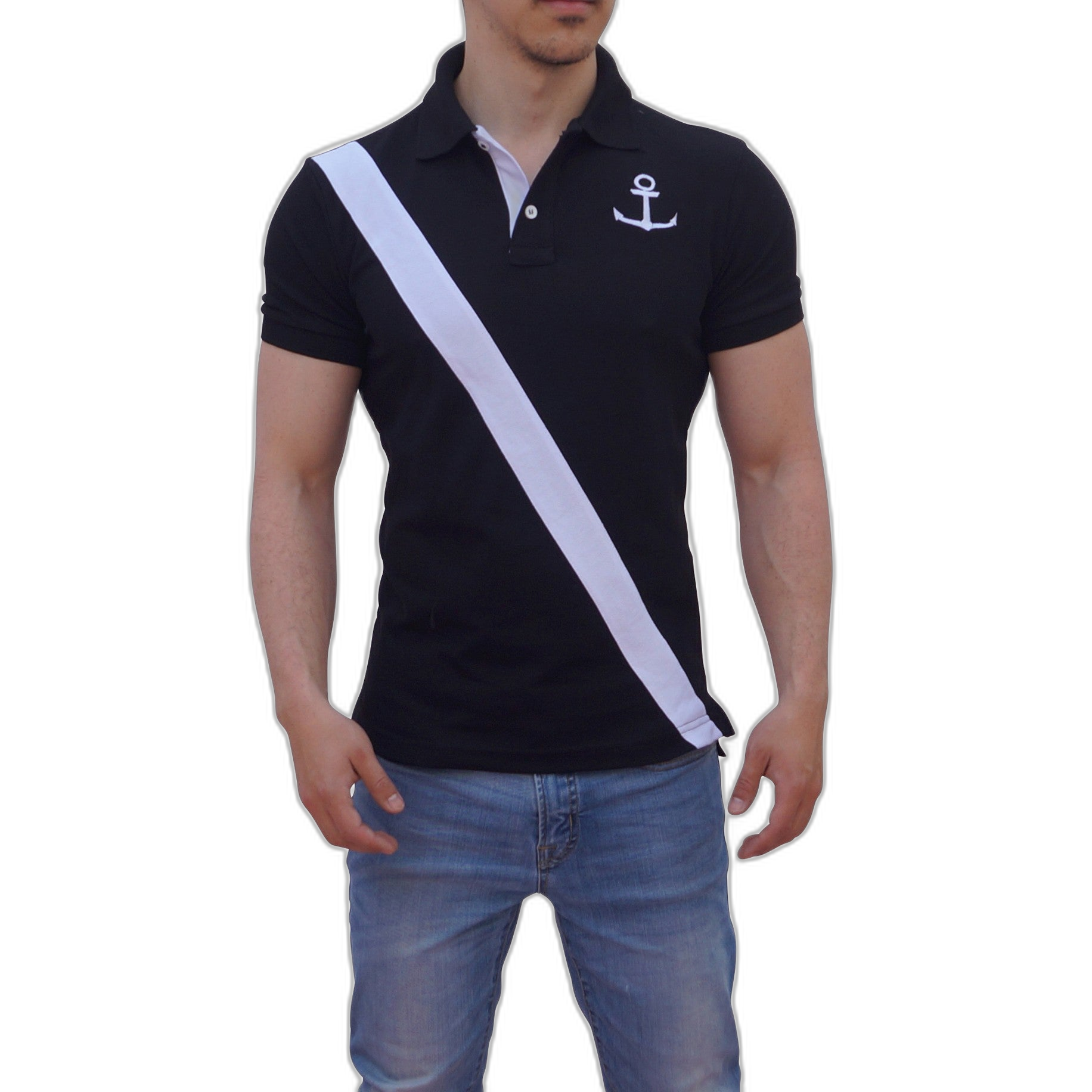 Polo Negro Mangas Negro Franjas Logo Blanco