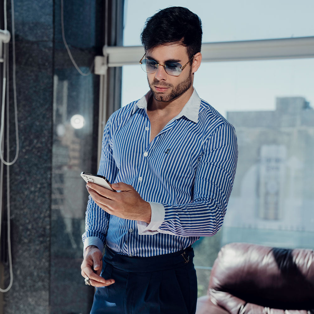 Camisa Slim White Collar Stripe Shirt Royal