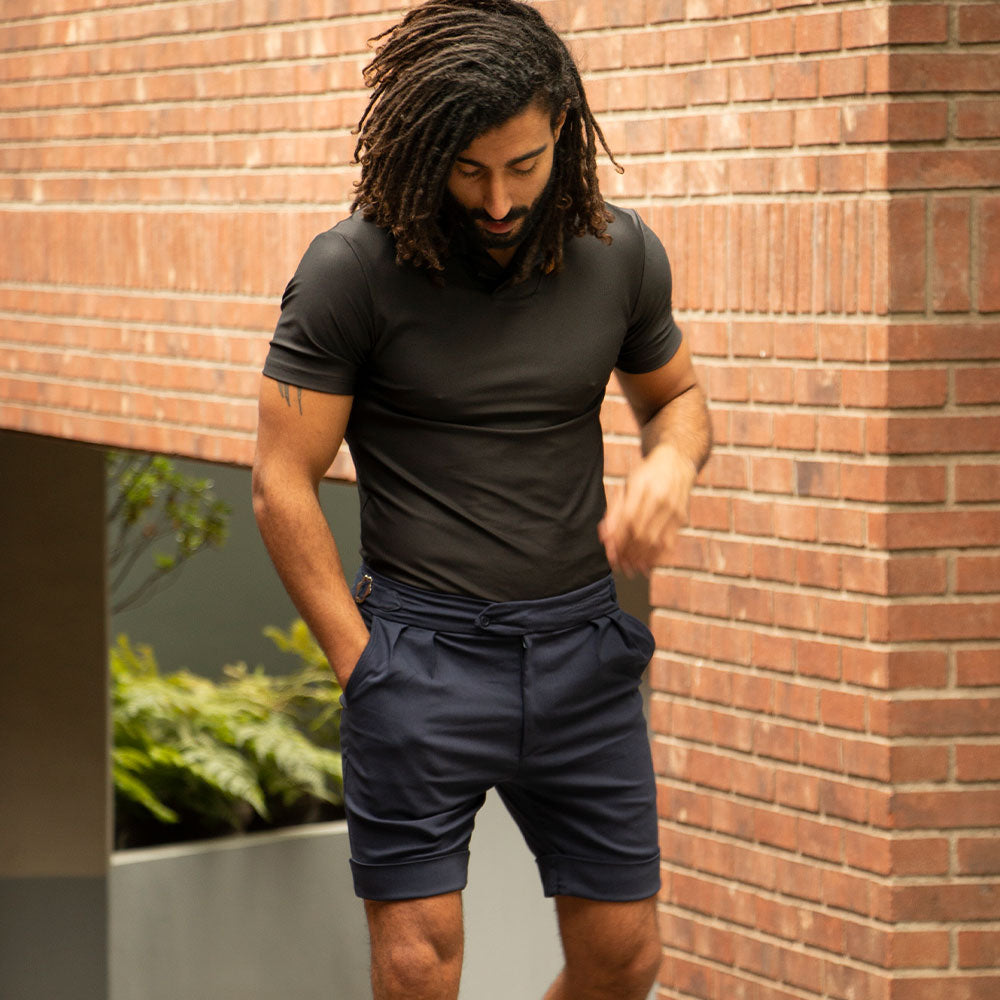 Navy Pleated & Buckles Shorts