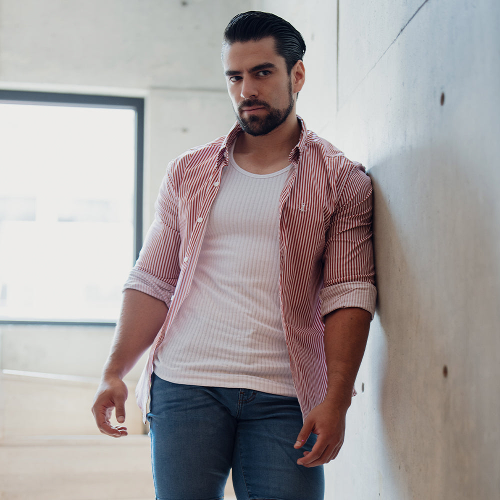 Camisa Slim Stripe Shirt Red Wine Button Down