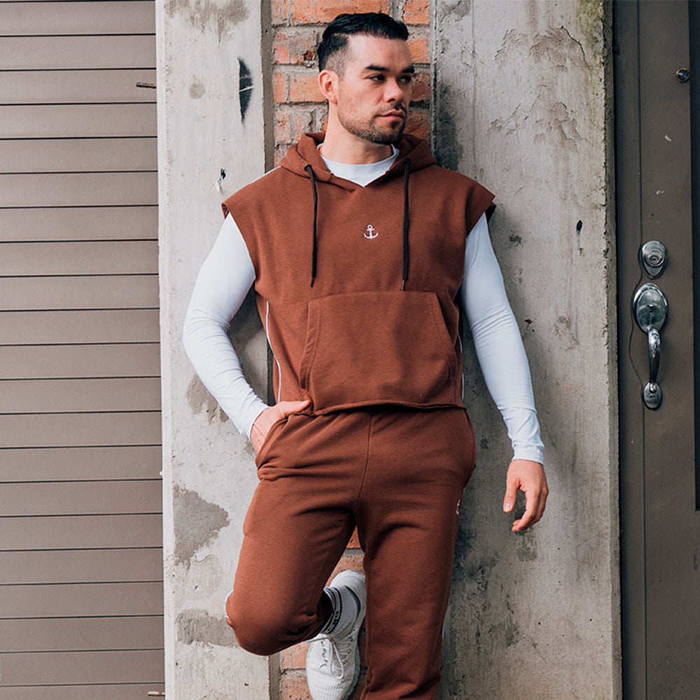 Gym Sleeveless Hoodie Black Logo Stripes Wine