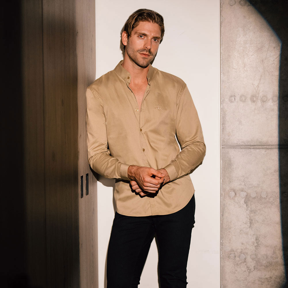 Camisa Cuello Mao Manga Larga Walnut