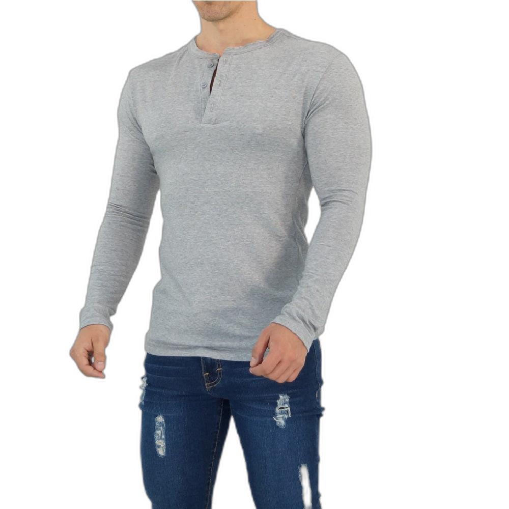 Playera Henley Manga Larga Gris Claro