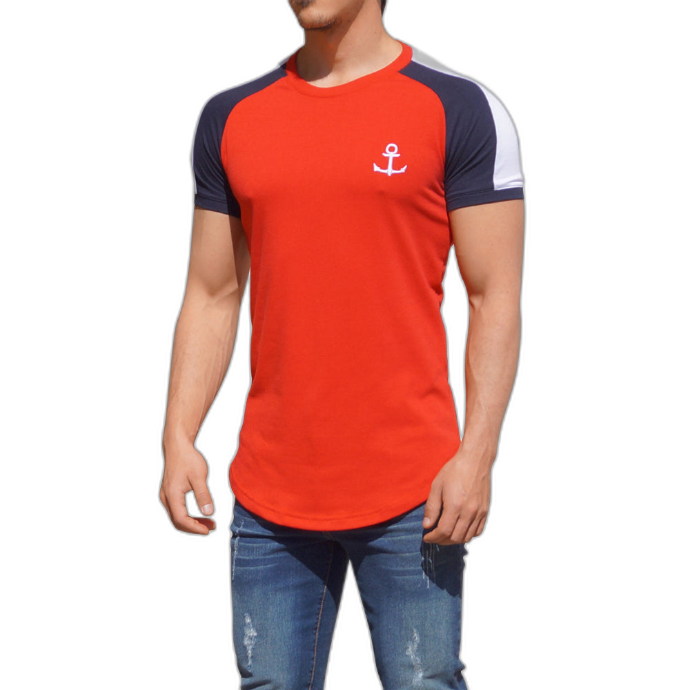 Playera Ranglan Roja Manga Corta Franja Blanca