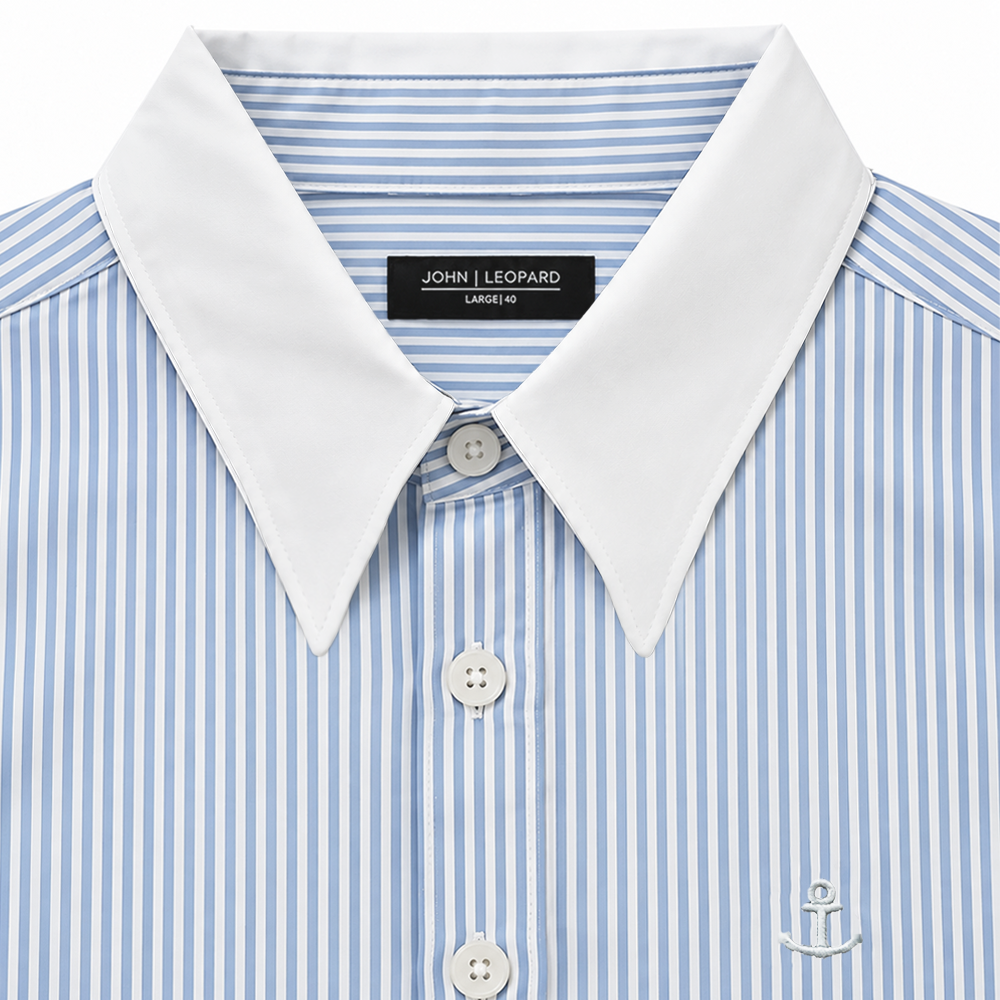 Camisa Slim White Collar Classic Stripe Shirt Light Blue