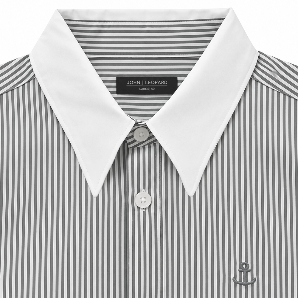 Camisa Slim White Collar Classic Stripe Shirt Gray
