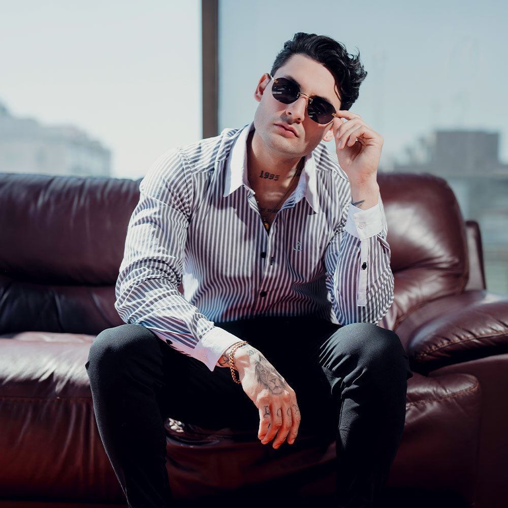 Camisa Slim White Collar Stripe Shirt Black